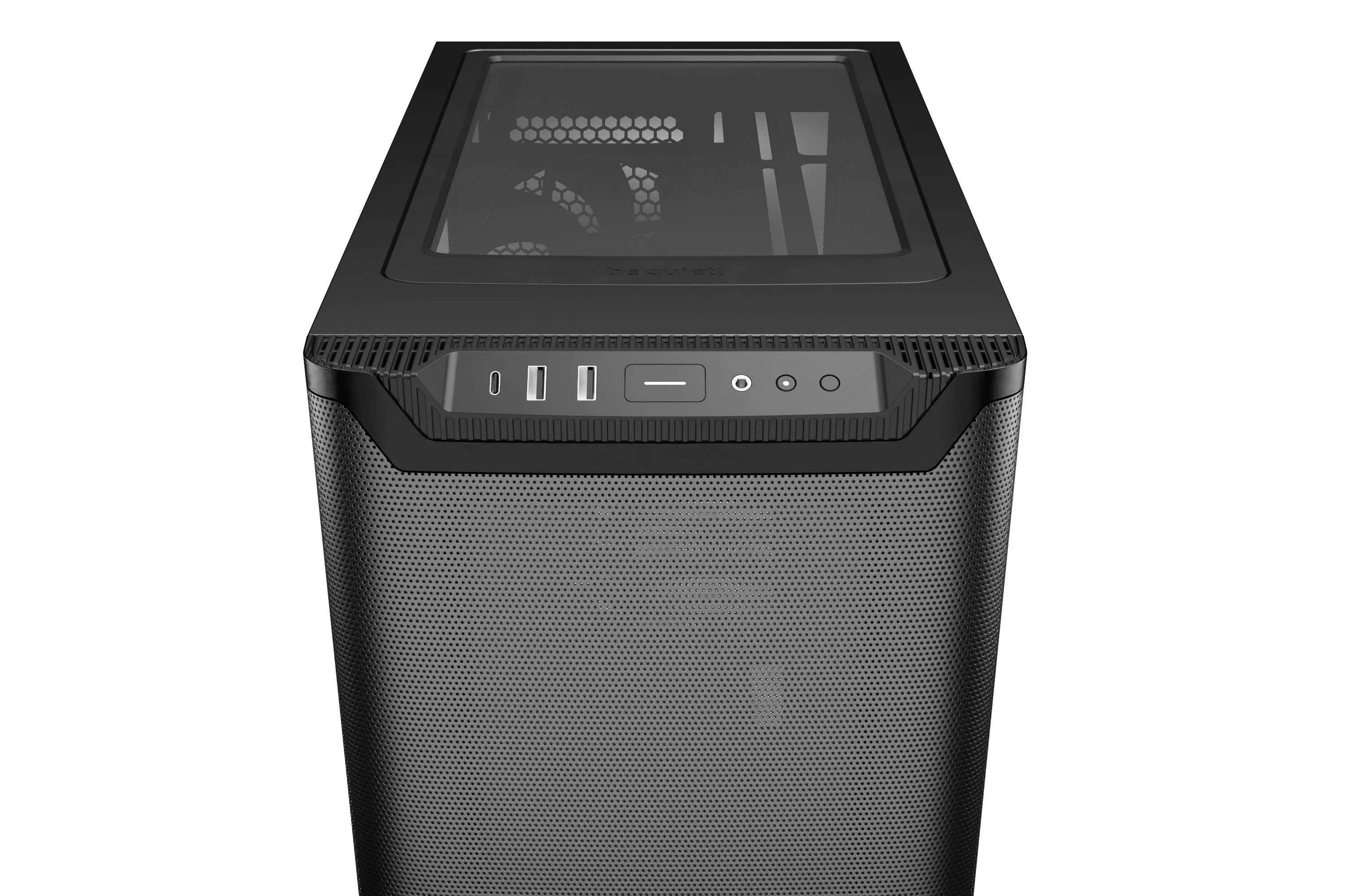 Ein schwarzes Computergehäuse mit perforierter Front. Es hat eine Glasplatte und Anschlüsse.