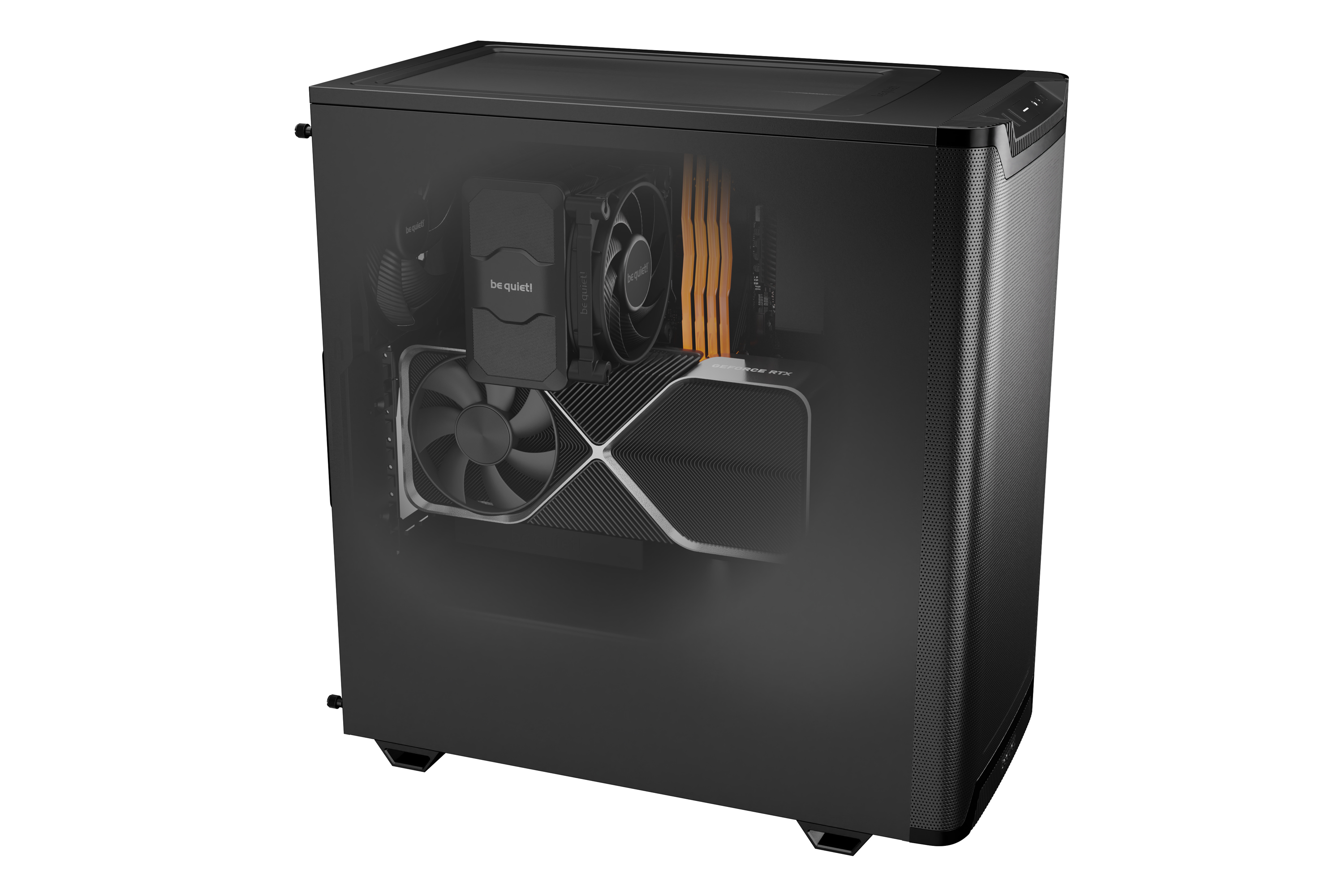 Schwarzes Computergehäuse mit Glas-Seitenwand, Komponenten sichtbar. Enthält eine Grafikkarte und einen CPU-Kühler.
