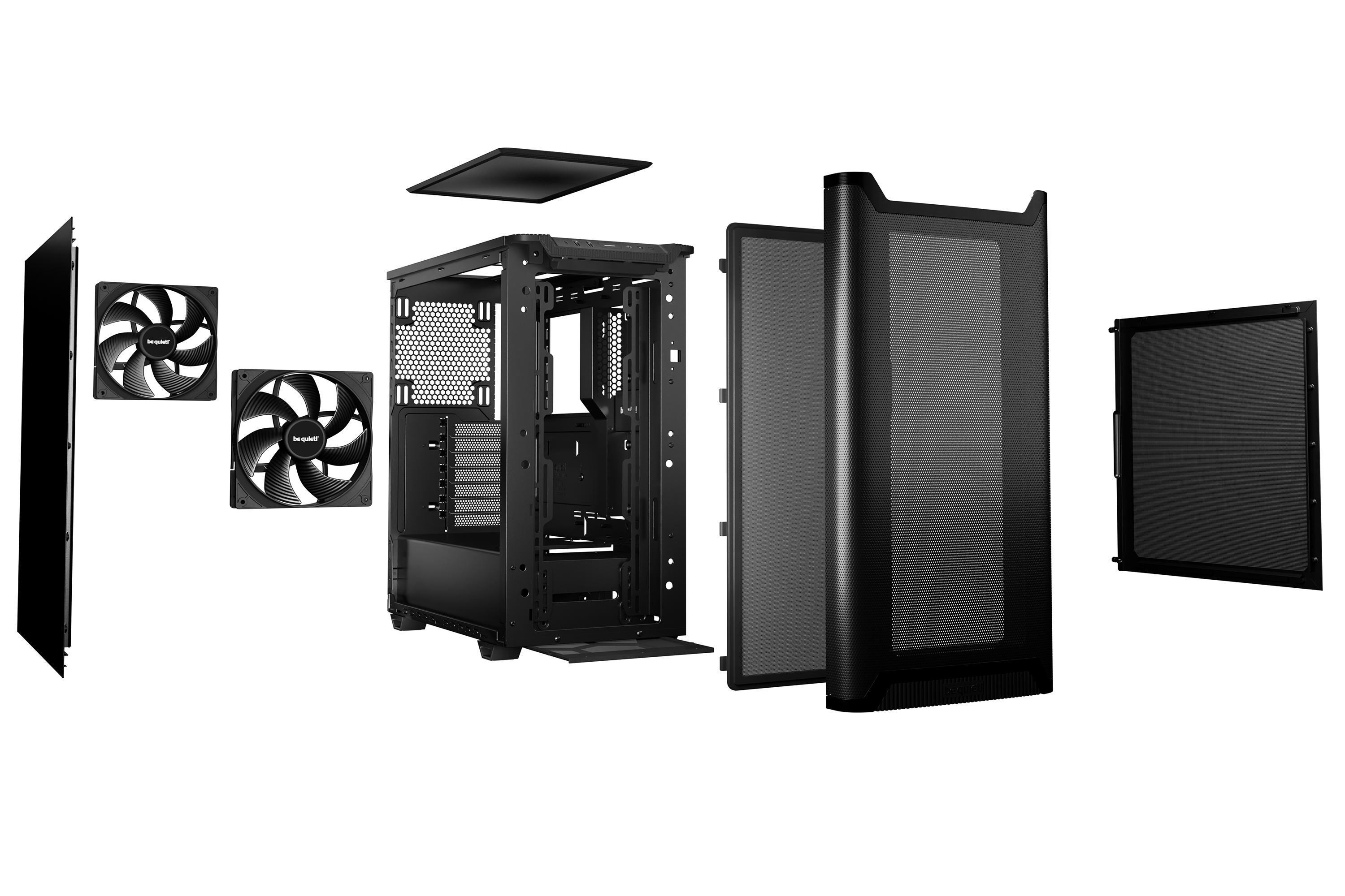 Zerlegtes schwarzes Computergehäuse mit Lüftern und Paneelen. Komponenten sind getrennt, die Struktur zeigend.