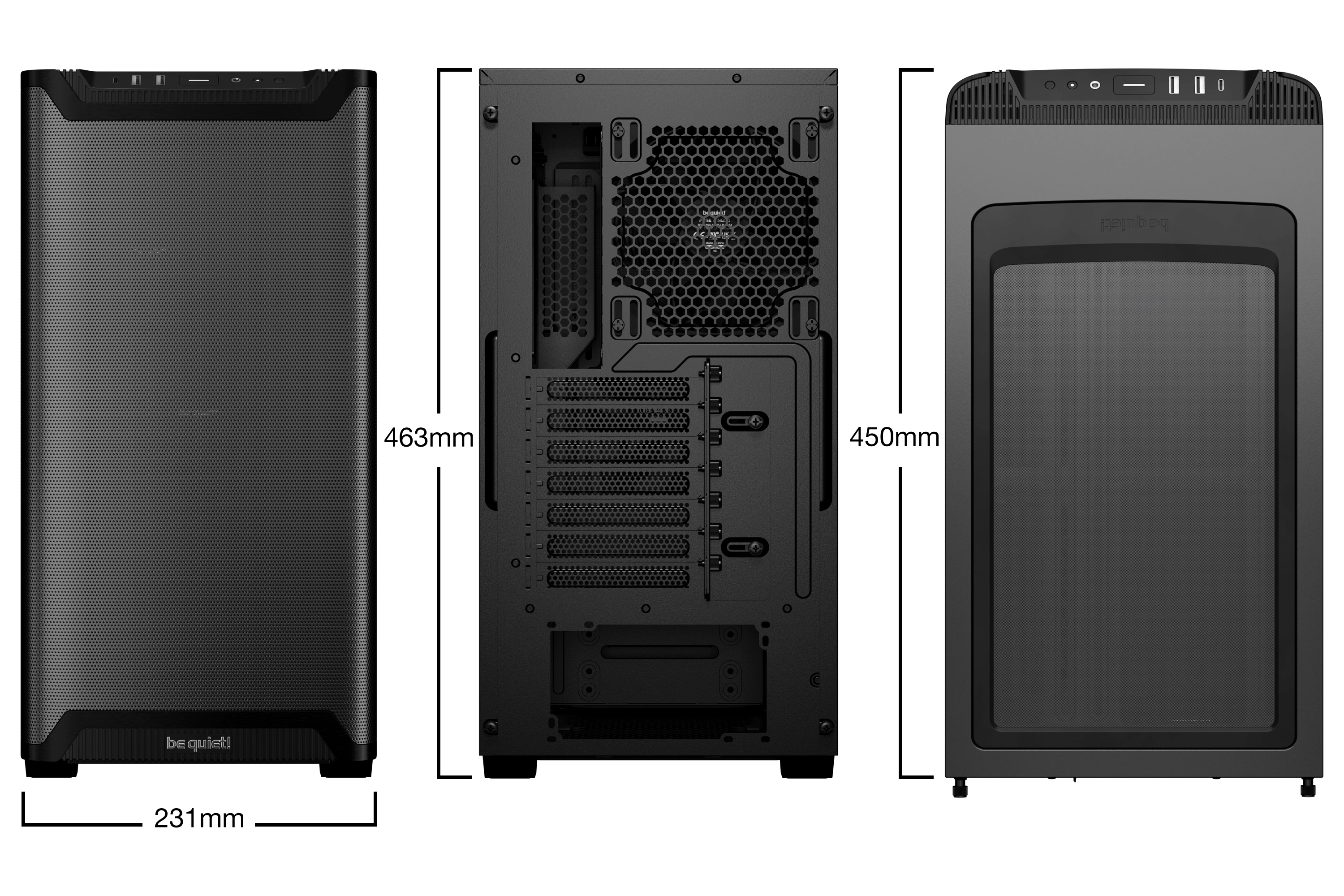 Drei Ansichten eines schwarzen Computergehäuses mit Maßangaben. Front hat Mesh, Rückseite Lüfterbereich, Seite Glasplatte.