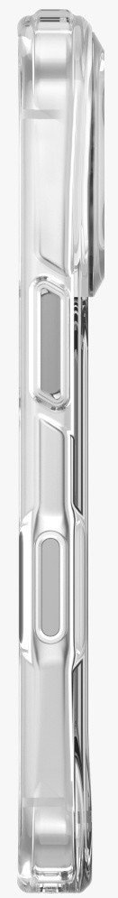 Przezroczyste, prostokątne etui na telefon. Ma szereg prostokątnych wycięć wzdłuż boków. Powierzchnia jest odblaskowa.