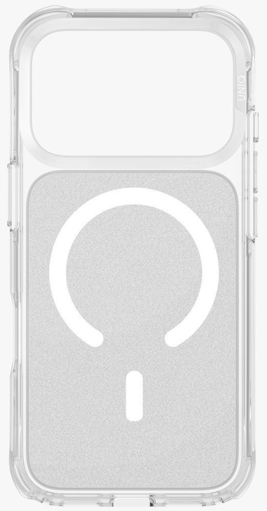 Przezroczyste etui na telefon z białym okrągłym wzorem i pionową linią na dole. Widoczna marka 'UNIQ'.