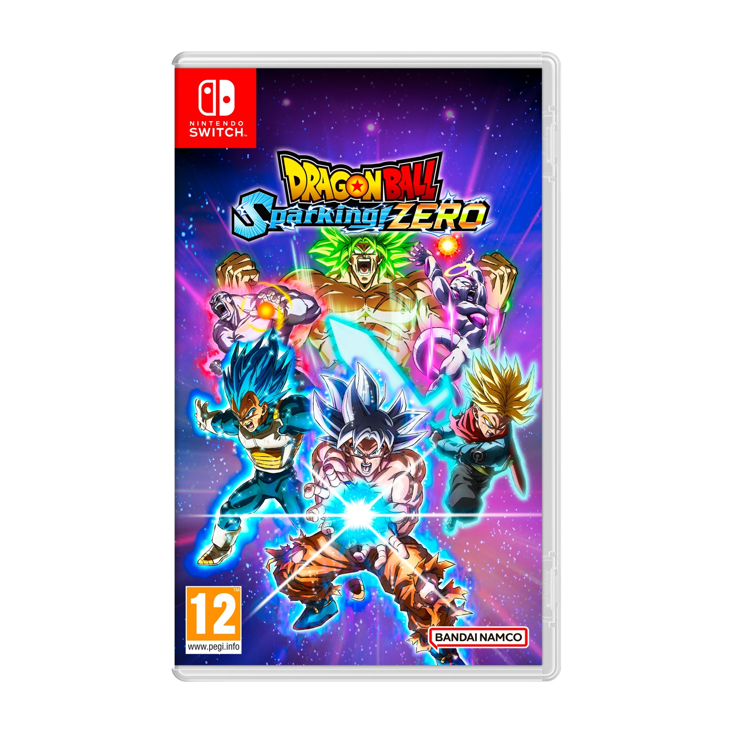 Custodia del gioco Dragon Ball Sparking! Zero. Personaggi in posa d'azione con energia. Logo Nintendo Switch in alto. Valutazione PEGI 12 in basso.