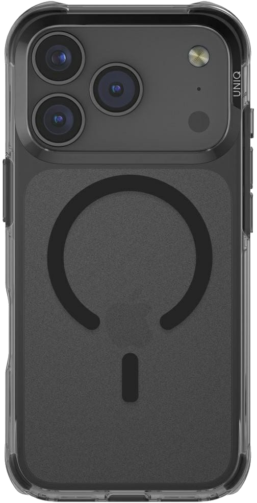 Przezroczyste etui na telefon z czarnym tyłem, z wycięciem na aparat i okrągłym wzorem na ładowarkę.