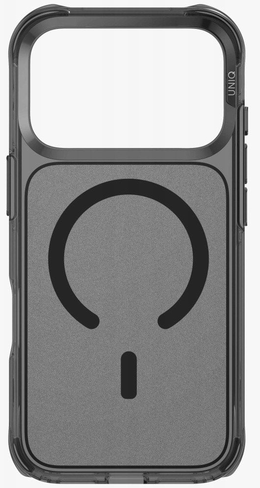 Przezroczyste etui na telefon z czarnymi akcentami. Posiada okrągły design i mały pionowy prostokąt.