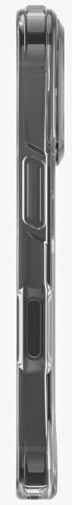 Przezroczyste etui na telefon, widok z boku. Ma dwa ciemnoszare przyciski i klips z boku. Tło jest białe.