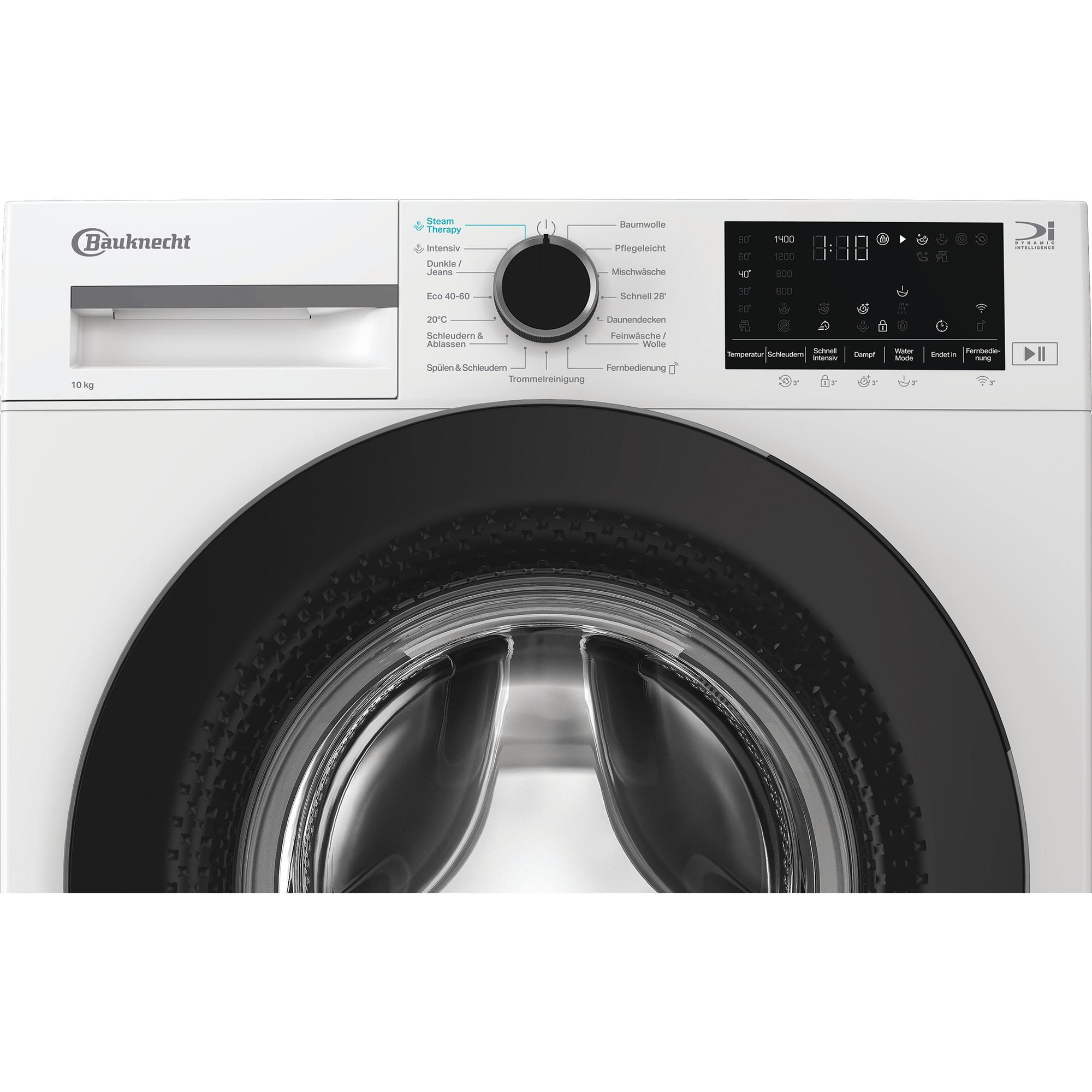 Eine weiße Bauknecht Waschmaschine. Sie hat eine schwarze Tür und ein Bedienfeld mit Knöpfen und einem Digitaldisplay.