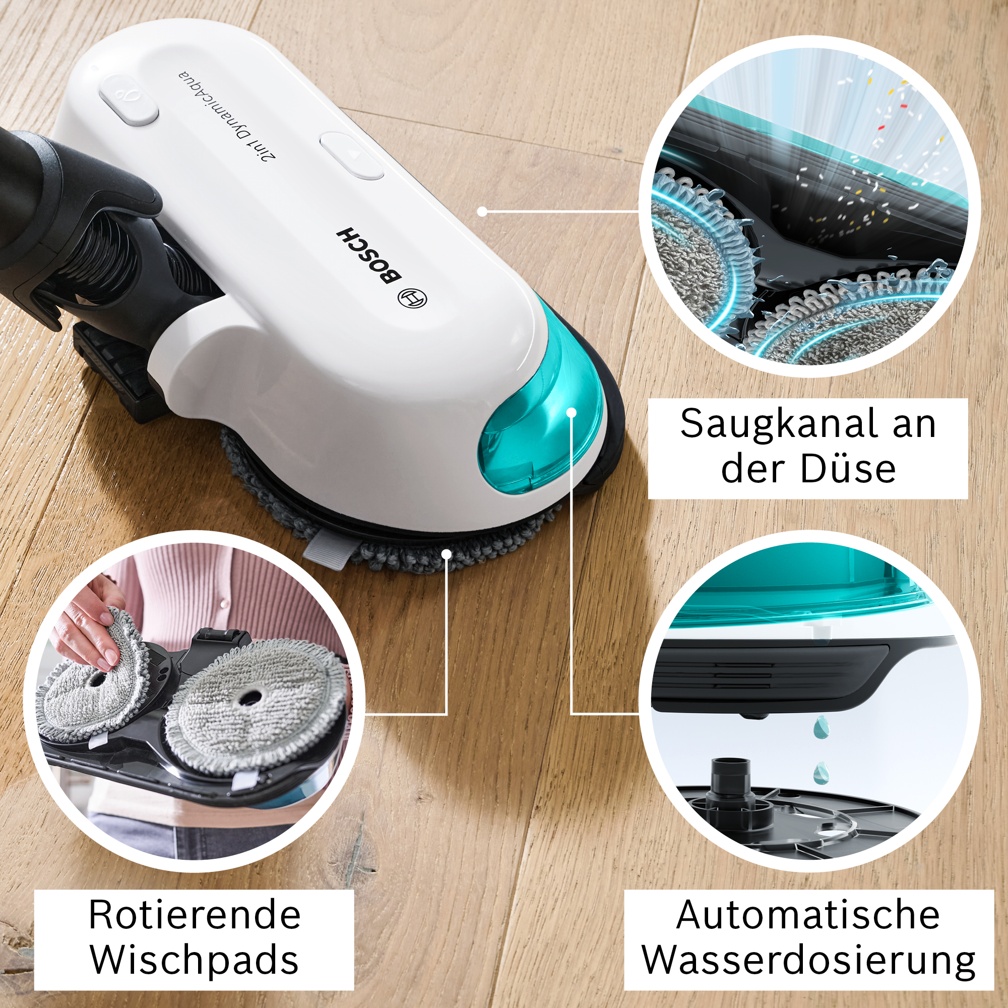 Bosch-Staubsauger mit rotierenden Pads, Wasserdosierung und Saugkanal. Weiß und Türkis. Holzfußboden im Hintergrund.