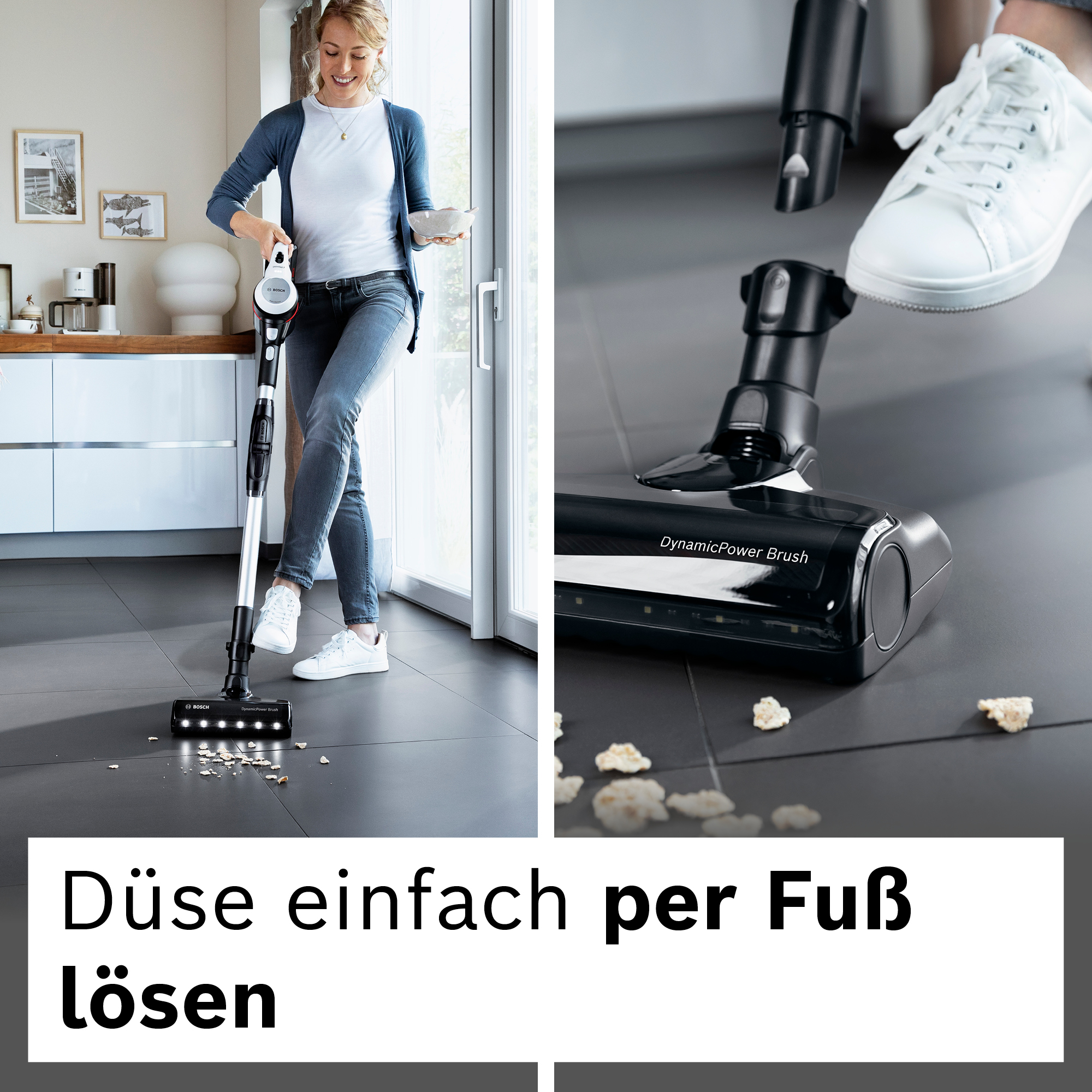 Eine Frau saugt Krümel mit einem kabellosen Staubsauger. Der Staubsaugerkopf hat Lichter. Der Boden ist dunkel, und die Frau trägt Jeans.