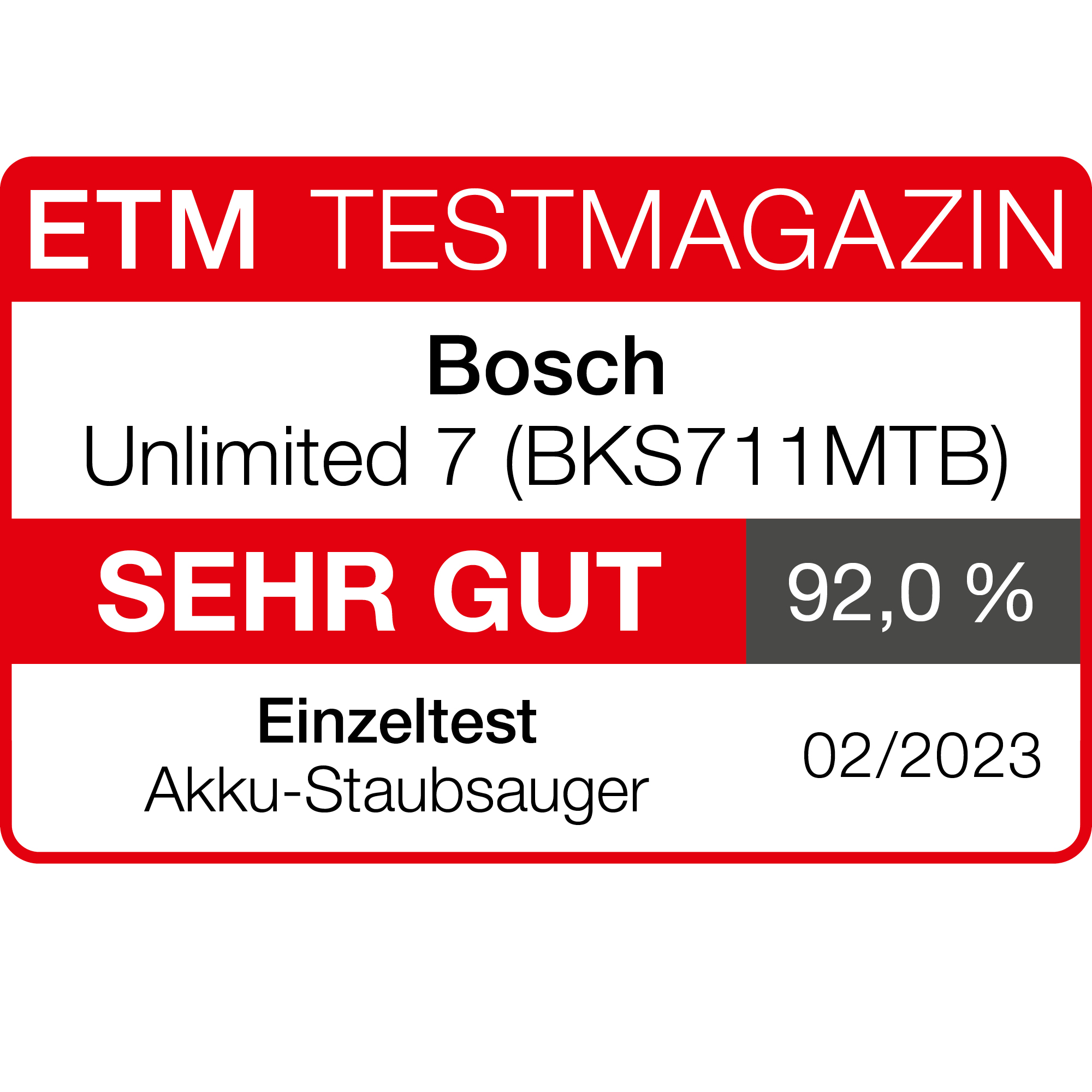 Ein rotes und weißes Rechteck zeigt 'ETM TESTMAGAZIN', Bosch-Staubsaugerbewertung mit 'SEHR GUT' und 92,0 % sowie '02/2023'.