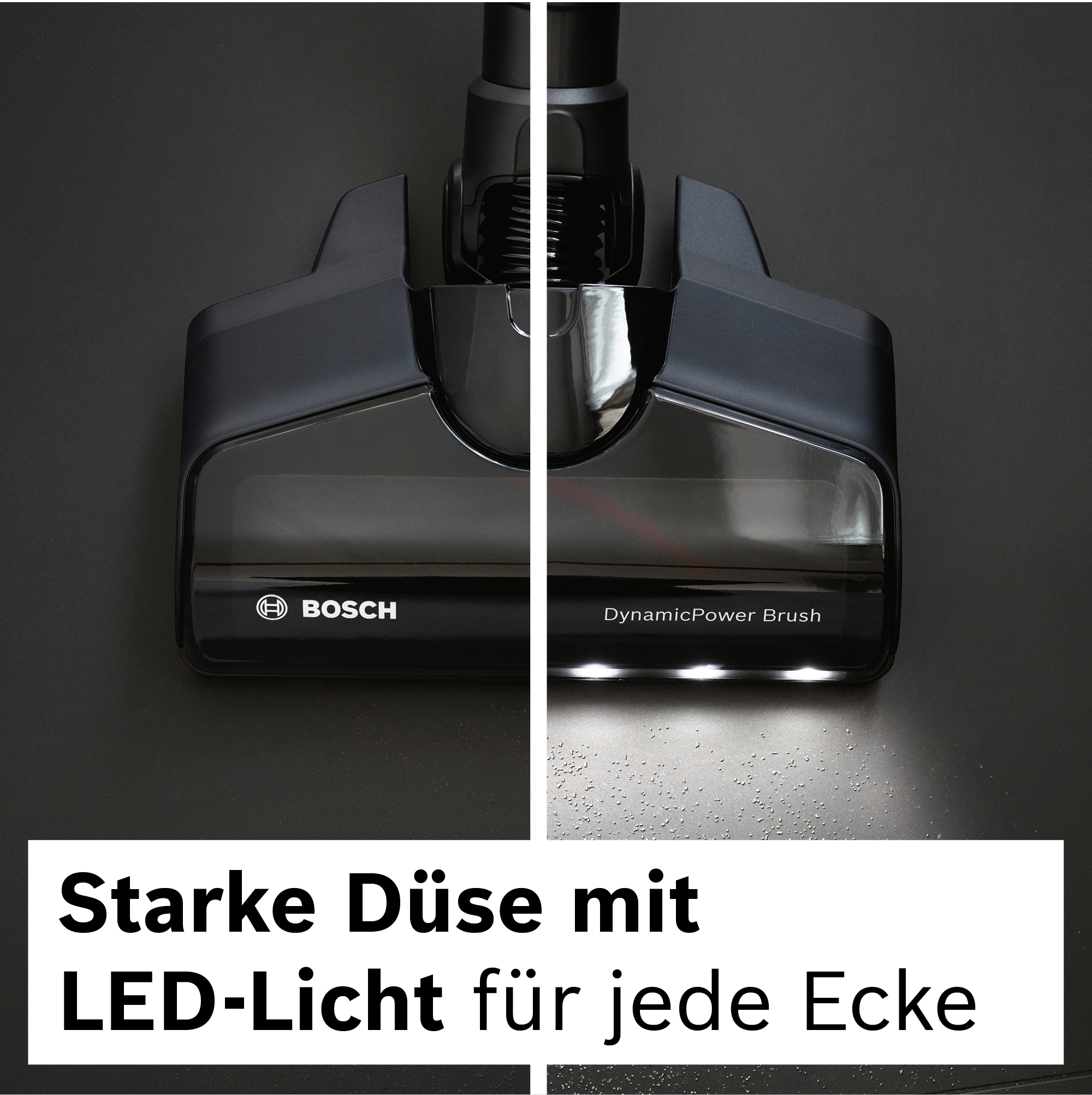 Schwarzer Staubsaugerkopf mit Bosch-Logo. Es hat LED-Leuchten und die Worte "DynamicPower Brush".