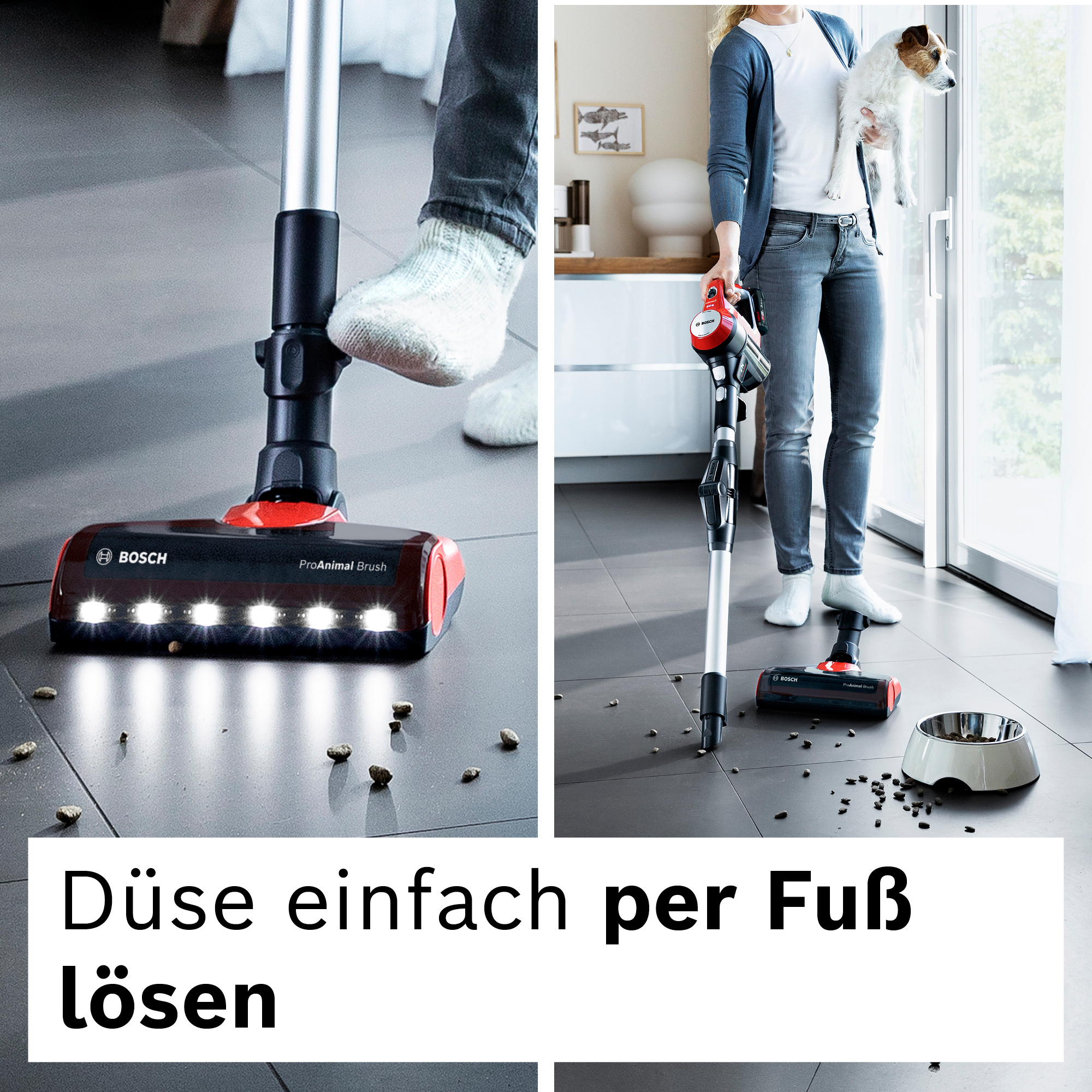 Eine Person benutzt einen Bosch-Staubsauger. Der Staubsauger ist rot und schwarz. Eine Frau hält einen Hund. Der Boden ist gefliest.