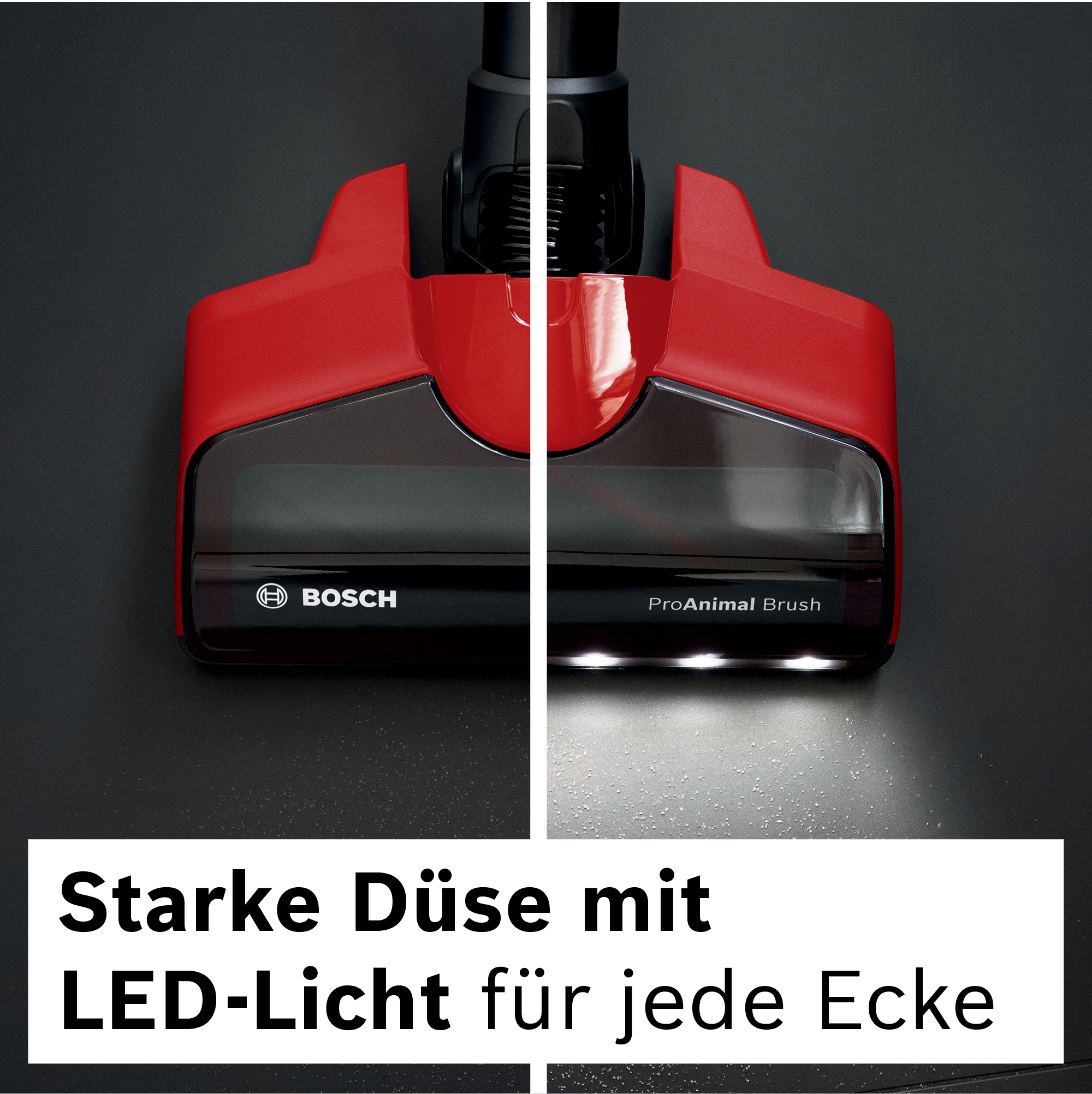 Ein roter und schwarzer Staubsaugerkopf mit LED-Leuchten. Das Bosch-Logo ist sichtbar.