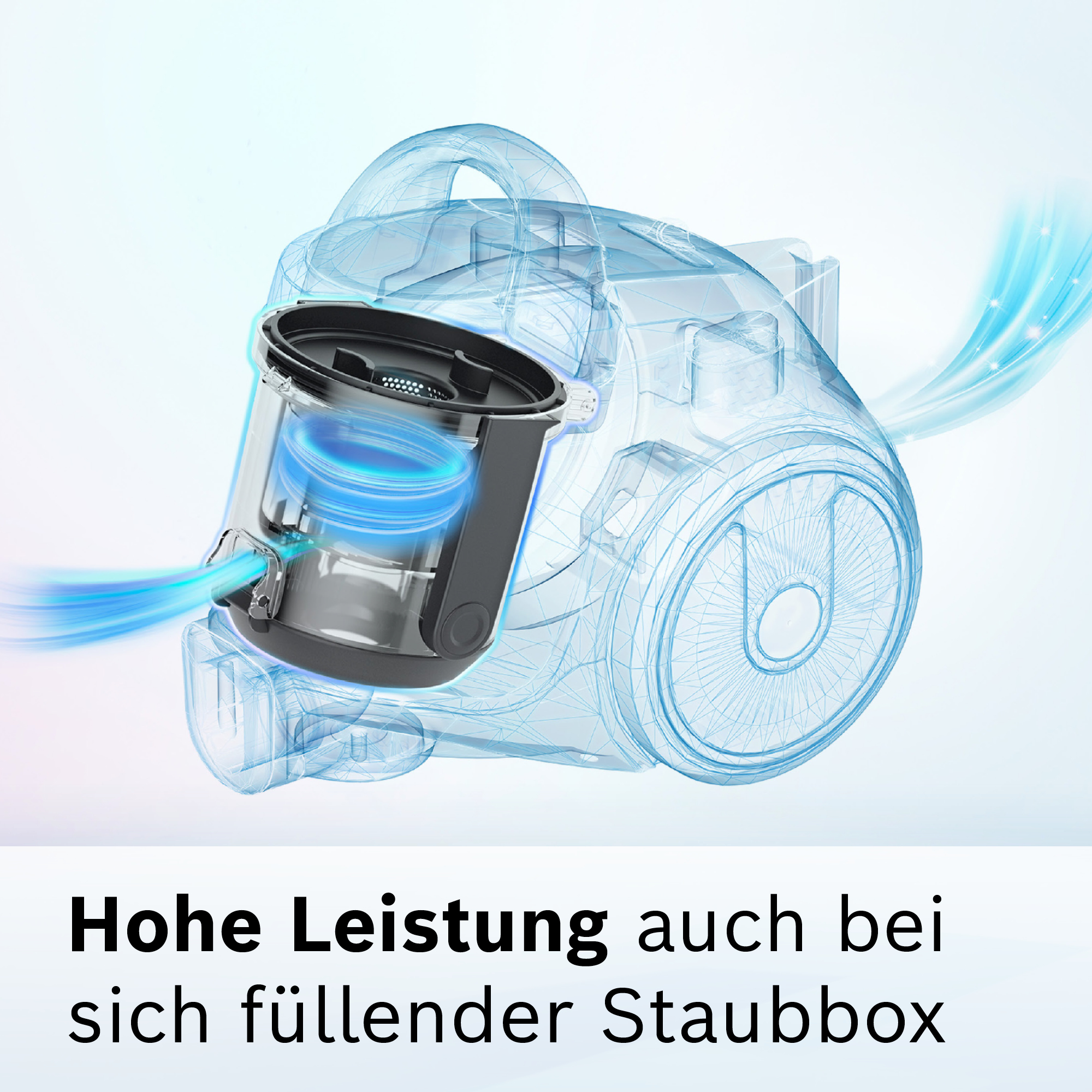 Eine Illustration eines Staubsaugers mit transparentem Design, die seine inneren Komponenten und den Luftstrom hervorhebt.
