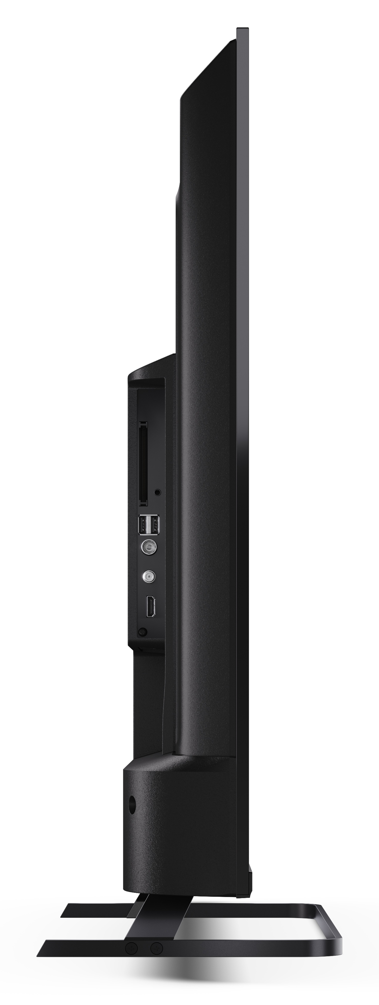 Widok z boku czarnego telewizora. Posiada porty i podstawkę. Tło jest białe.