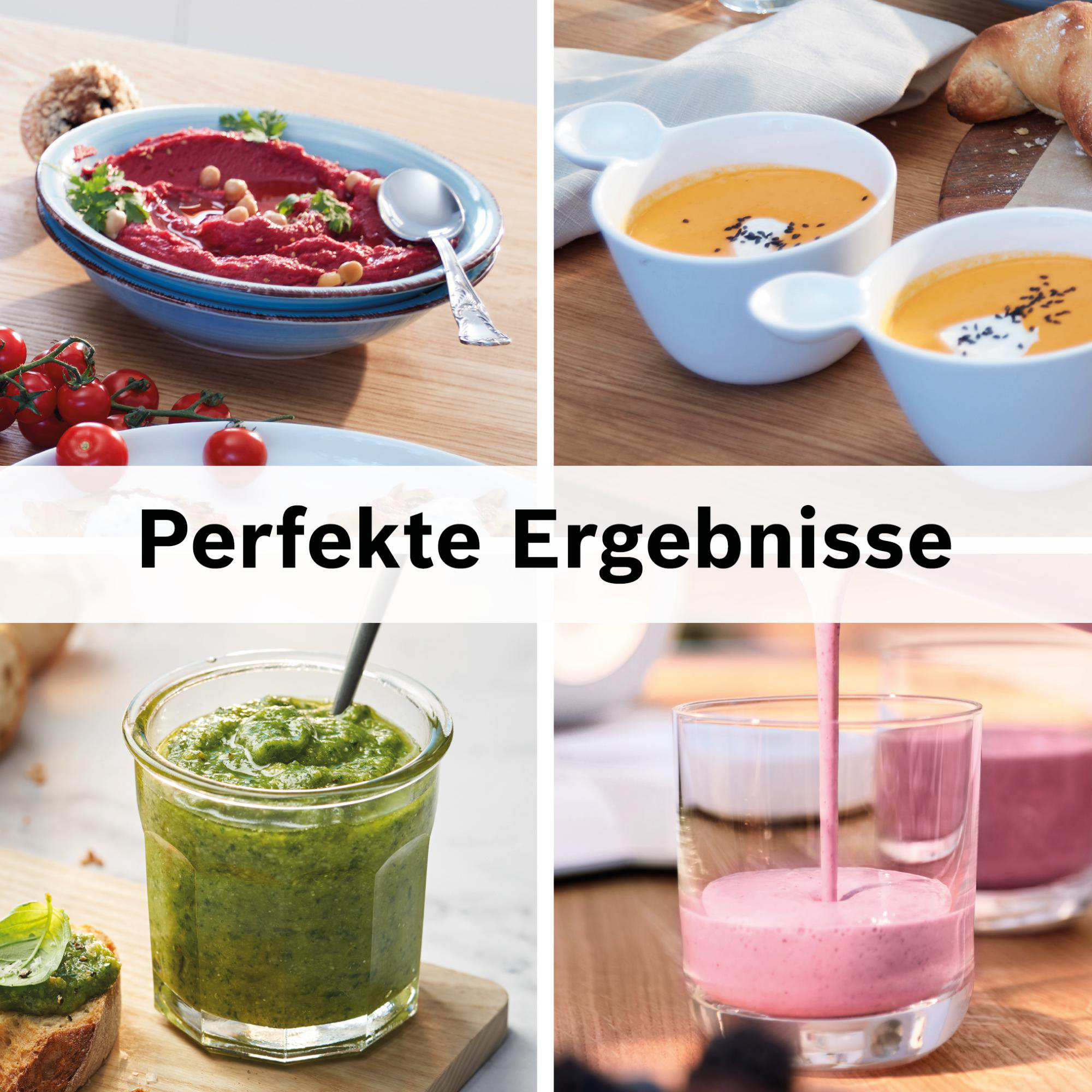 Eine Collage von Essensbildern: Hummus, Suppe, Pesto und Smoothie. Hell beleuchtet, auf einer Holzoberfläche. Text: Perfekte Ergebnisse.