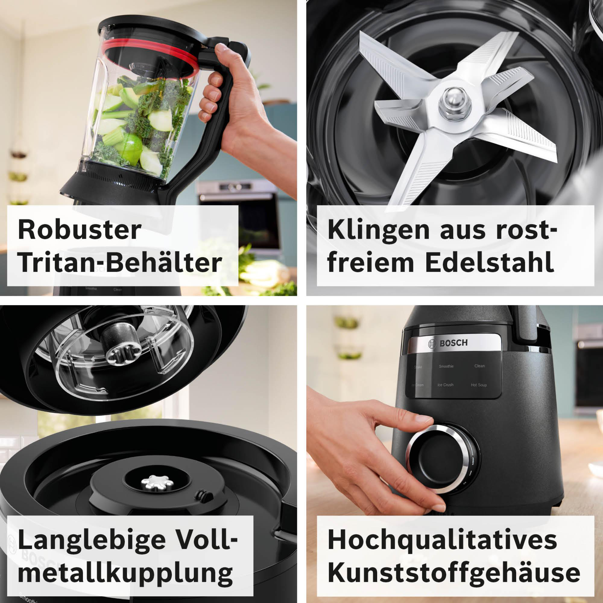 Ein Mixer mit verschiedenen Teilen: Behälter mit Früchten, Edelstahlklingen, Metallkupplung und Bedienfeld.