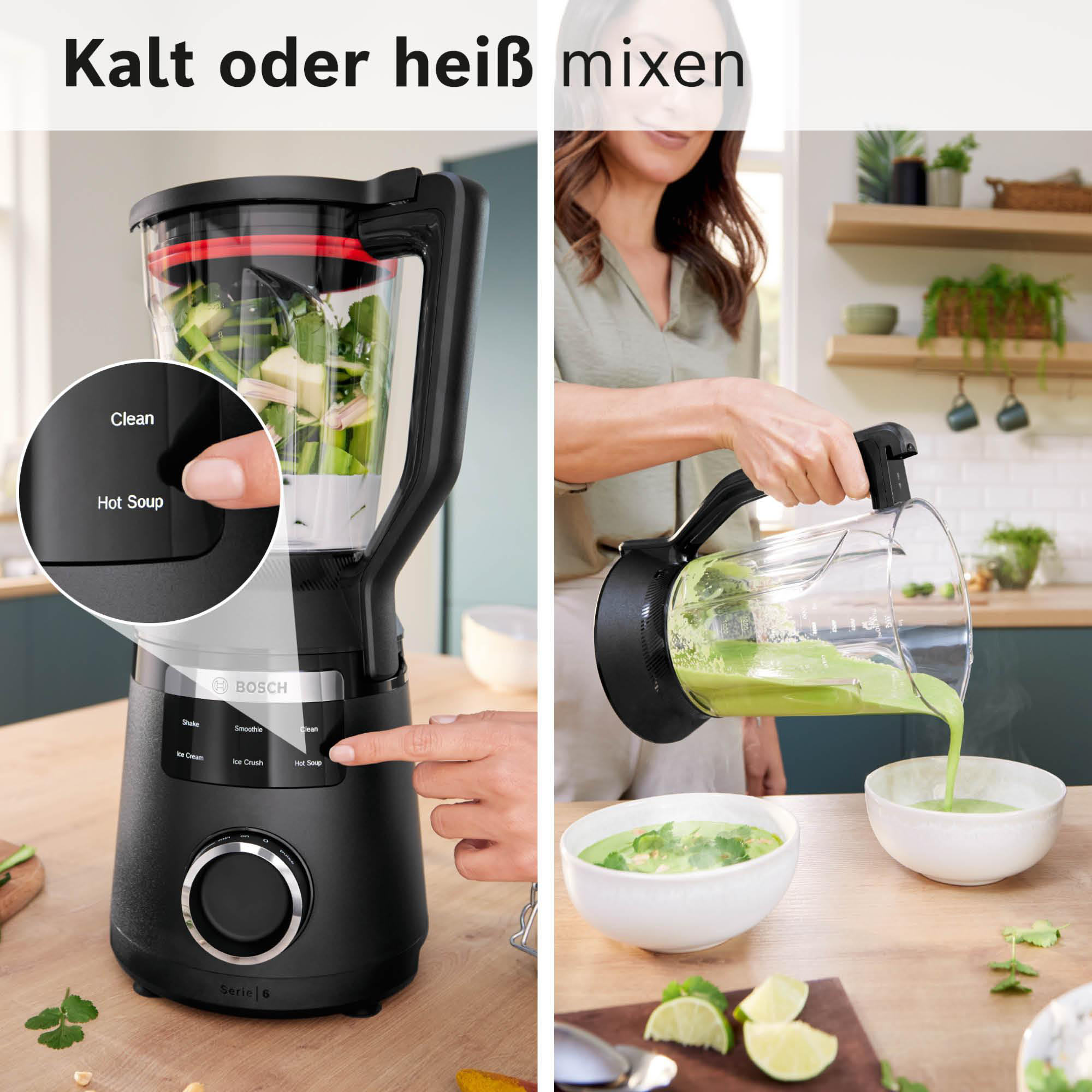 Ein Mixer mit einer Person, die grüne Flüssigkeit in eine Schüssel gießt. Der Mixer hat eine Taste 'Hot Soup'.