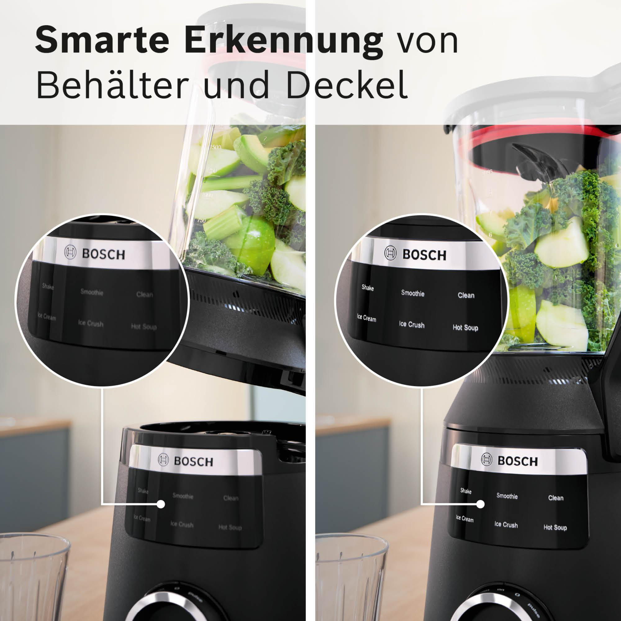 Ein Bosch-Mixer mit einem Behälter mit grünem Gemüse und einem Bedienfeld mit verschiedenen Modi.