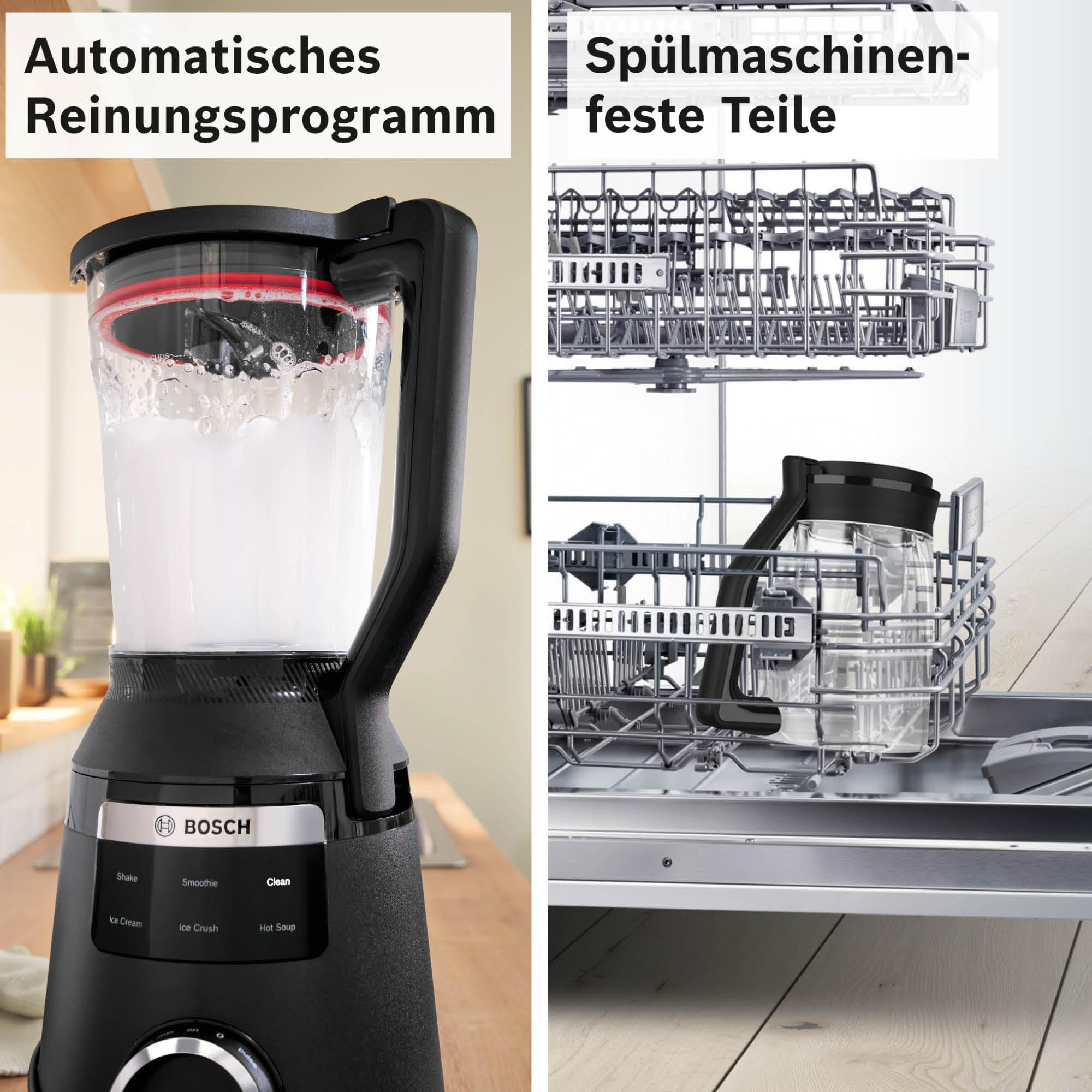 Ein Mixer mit automatischem Reinigungsprogramm und spülmaschinenfesten Teilen. Ein Bosch-Mixer steht auf einer Holzoberfläche.
