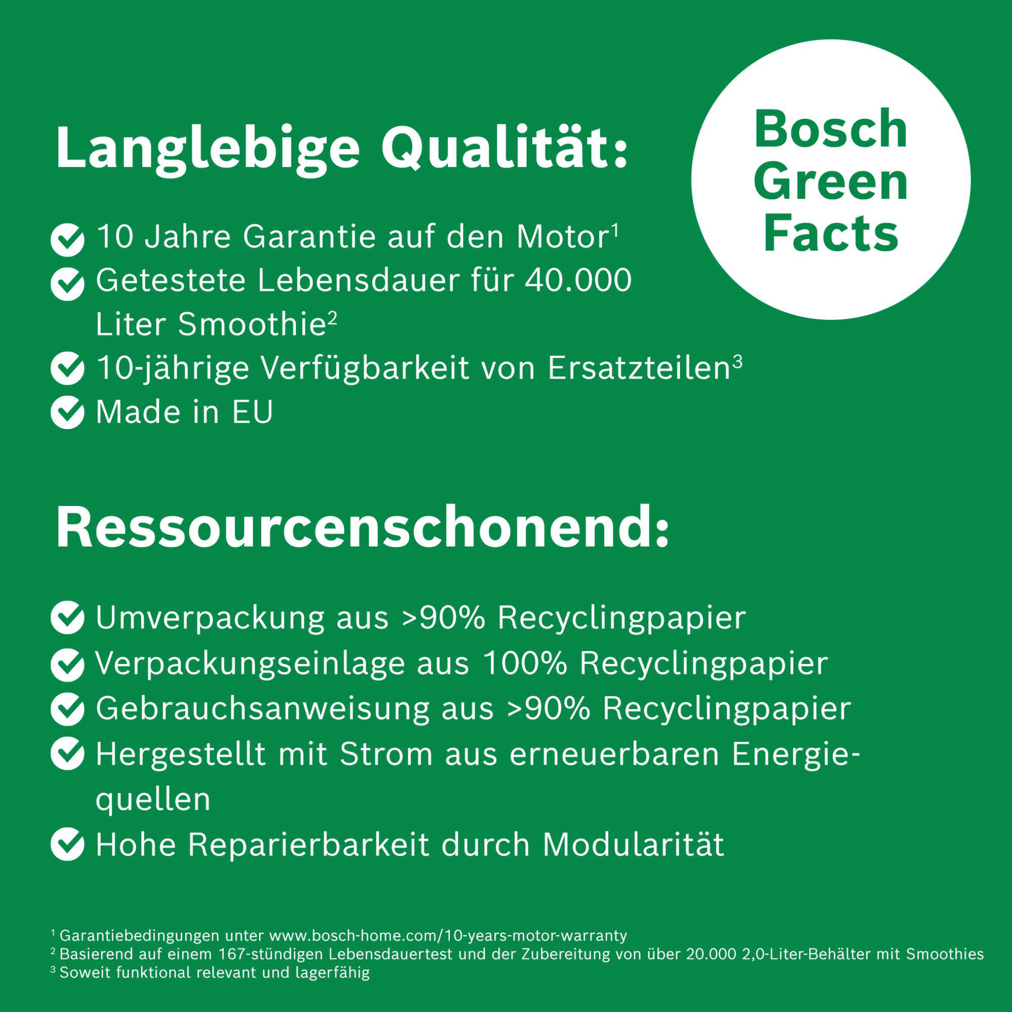 Grüner Hintergrund mit Text über Bosch-Produkte. Enthält Produktmerkmale wie Garantie, Recyclingfähigkeit und EU-Herkunft.