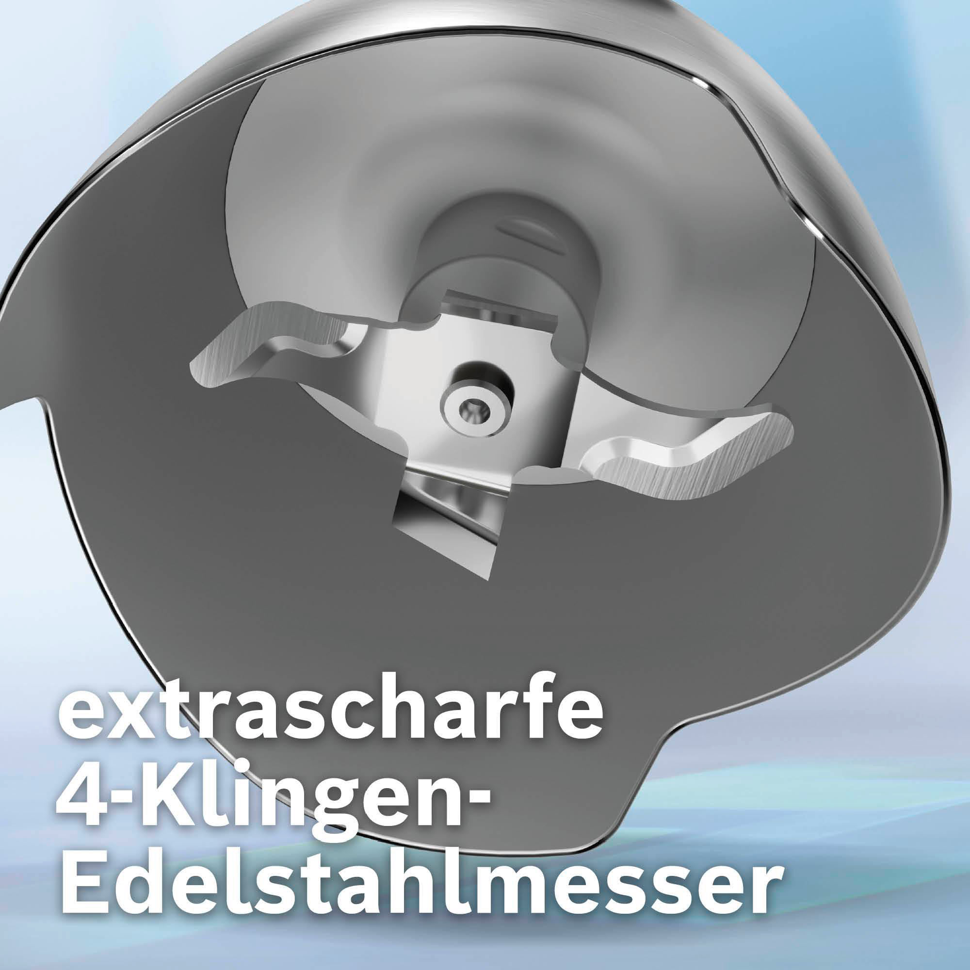 Nahaufnahme einer Edelstahl-Mixerklinge mit vier Klingen. Text: "extrascharfe 4-Klingen-Edelstahlmesser".