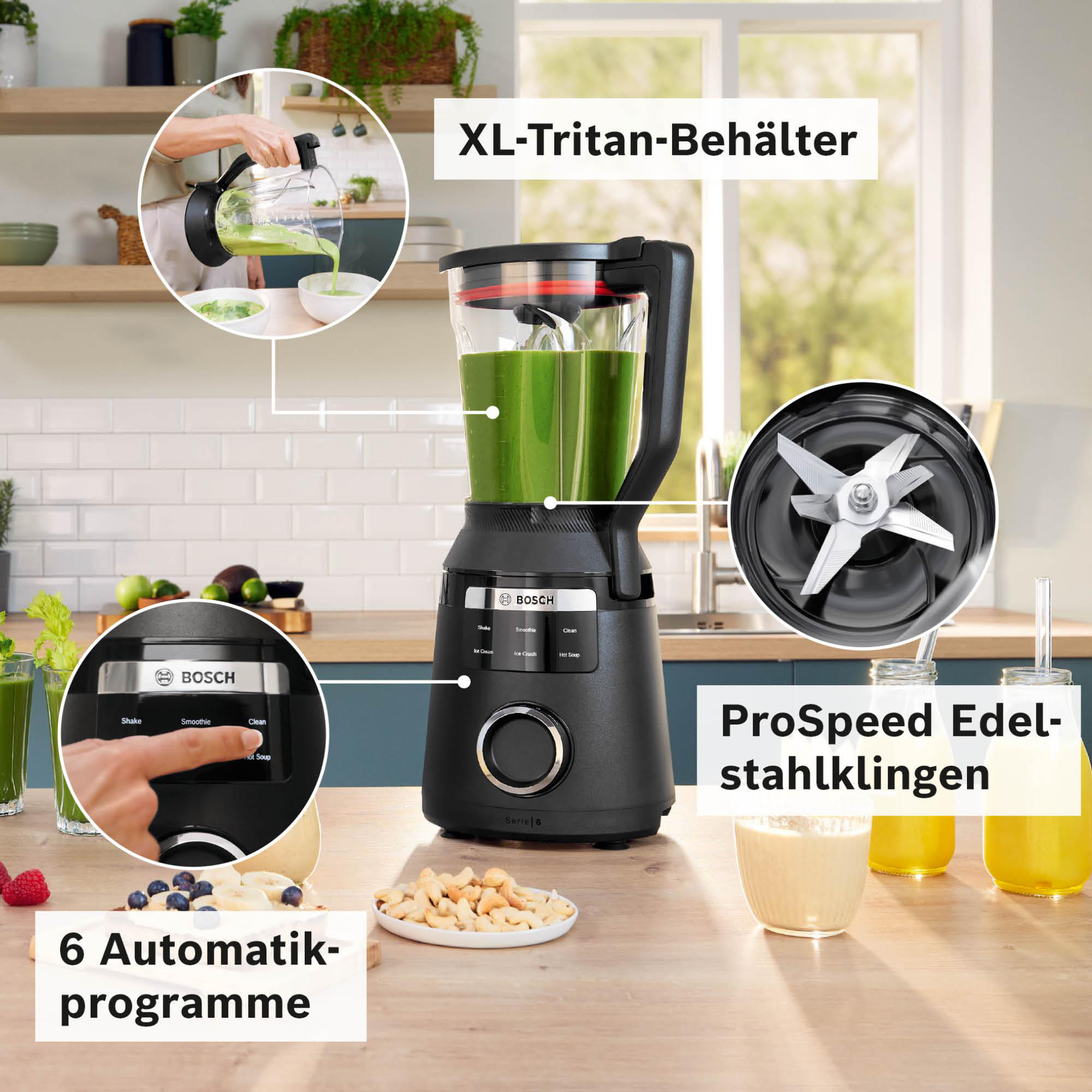 Ein schwarzer Bosch-Mixer mit grünem Smoothie. Merkmale sind Edelstahlklingen und 6 automatische Programme.
