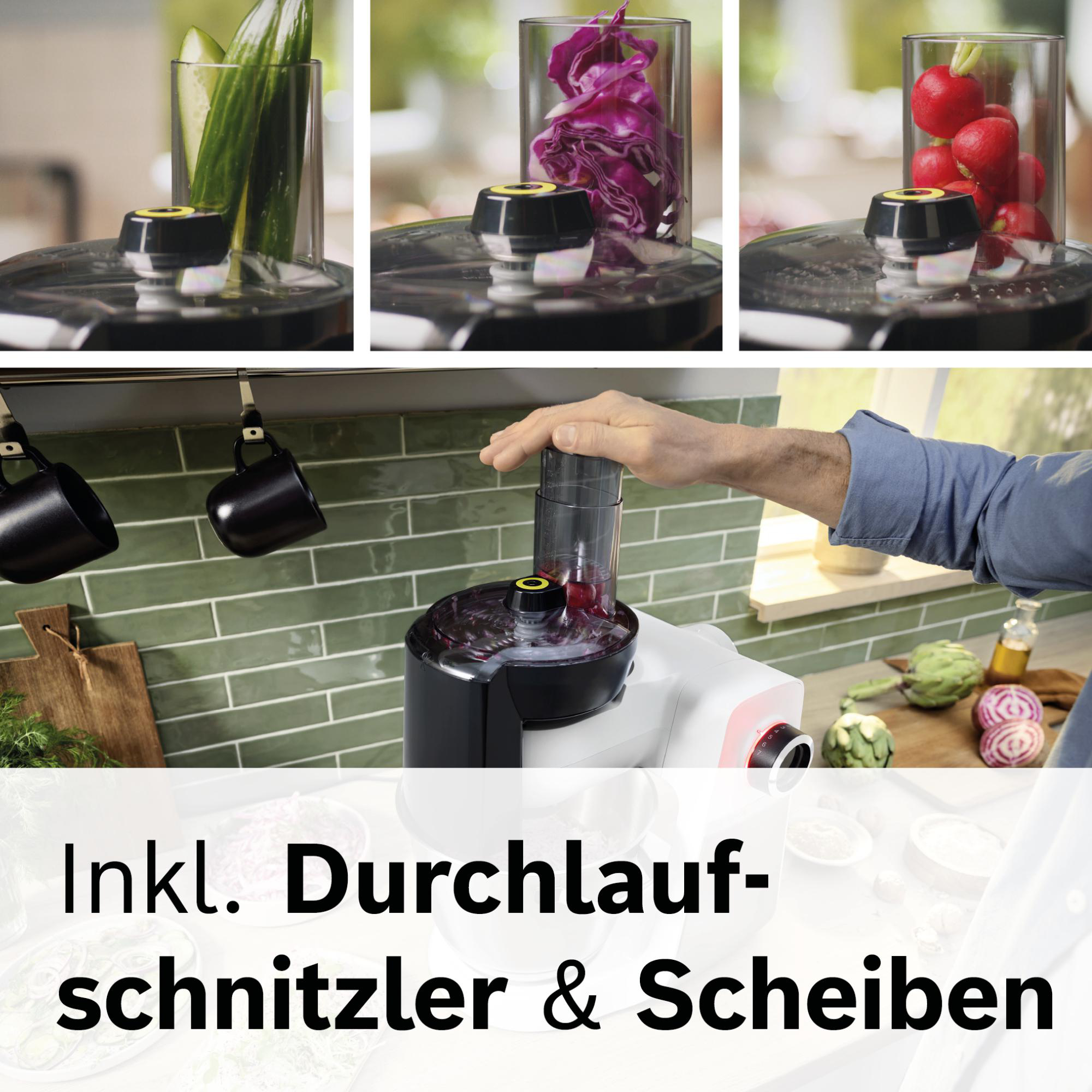 Ein Küchengerät mit Gemüse in Glasbehältern. Eine Hand bedient das Gerät. Text unten.