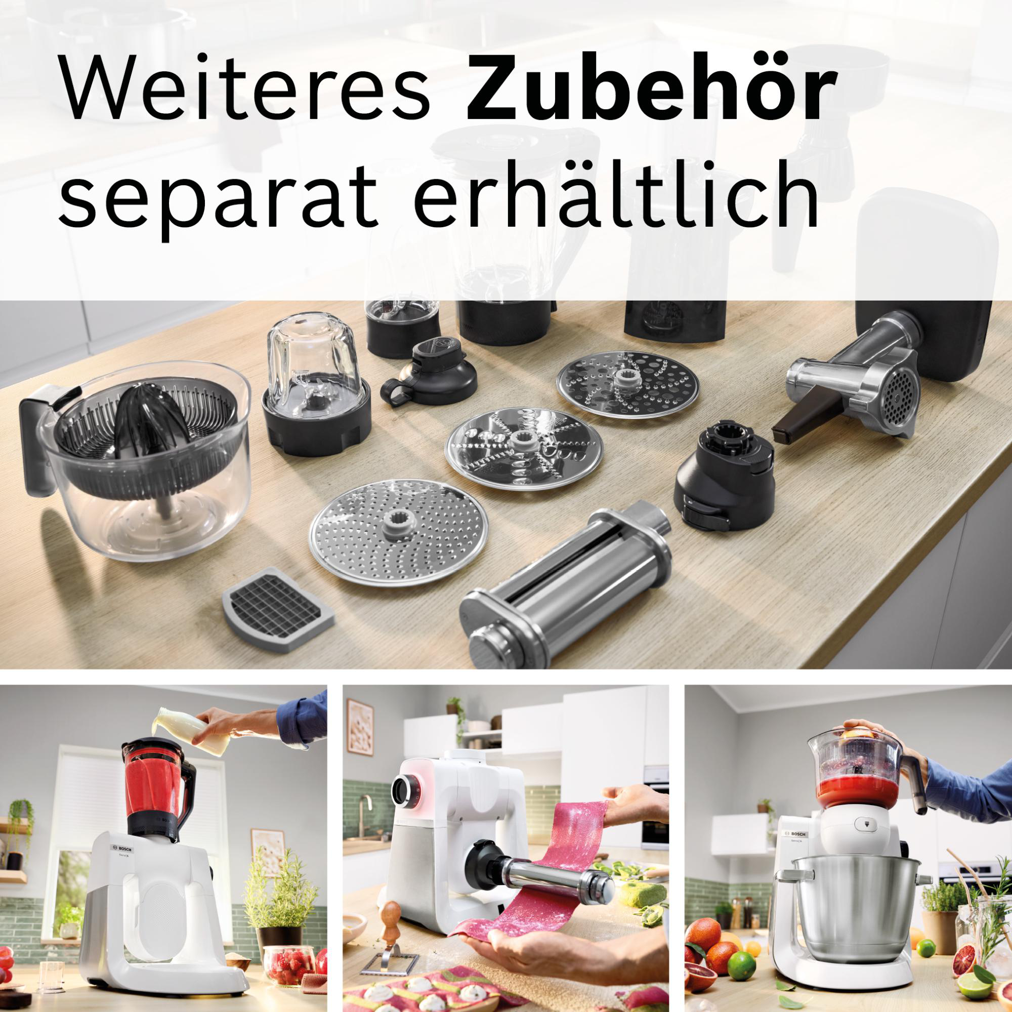 Verschiedene Küchengeräte-Aufsätze werden auf einer Holzoberfläche gezeigt. Mehrere Küchenmaschinen sind im unteren Teil im Einsatz zu sehen.