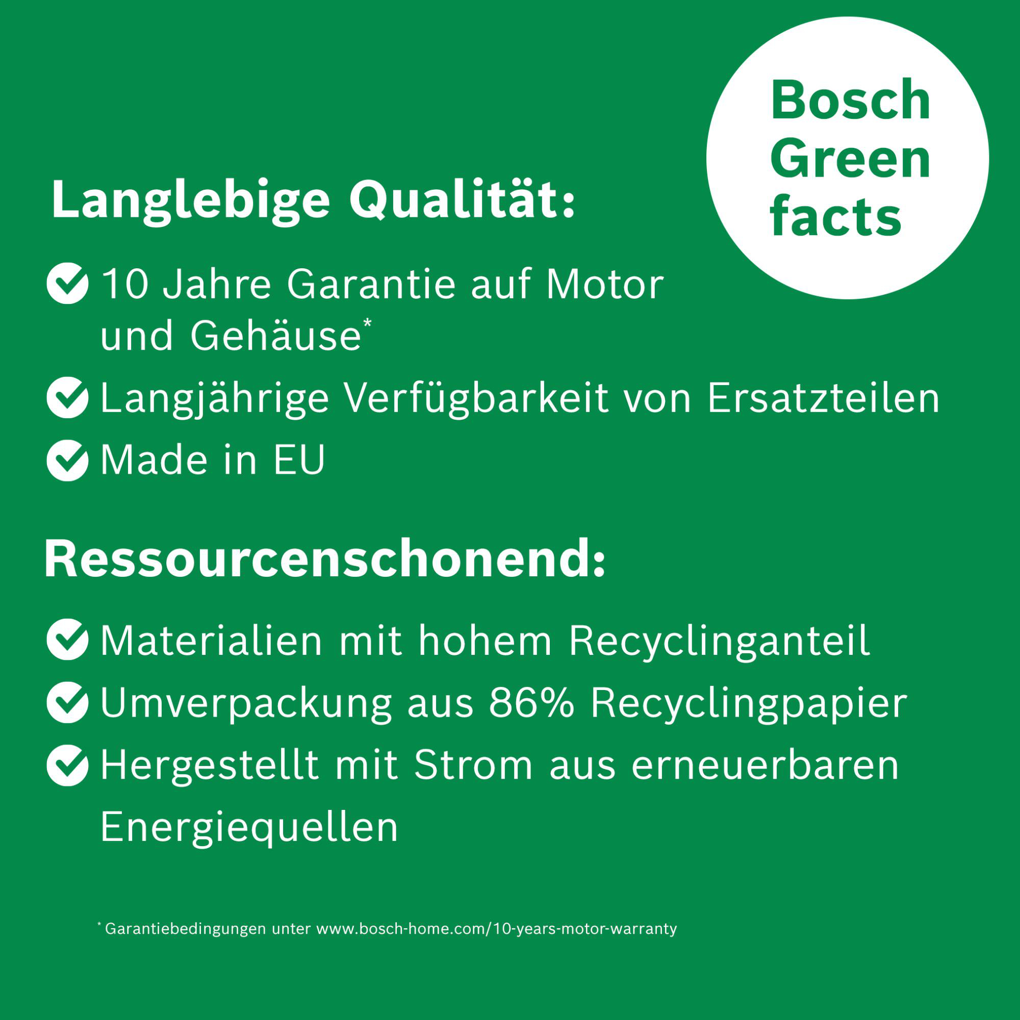 Grüner Hintergrund mit weißem Text. Es listet Produktmerkmale auf: Garantie, Verfügbarkeit von Ersatzteilen, Made in EU und Recycling.
