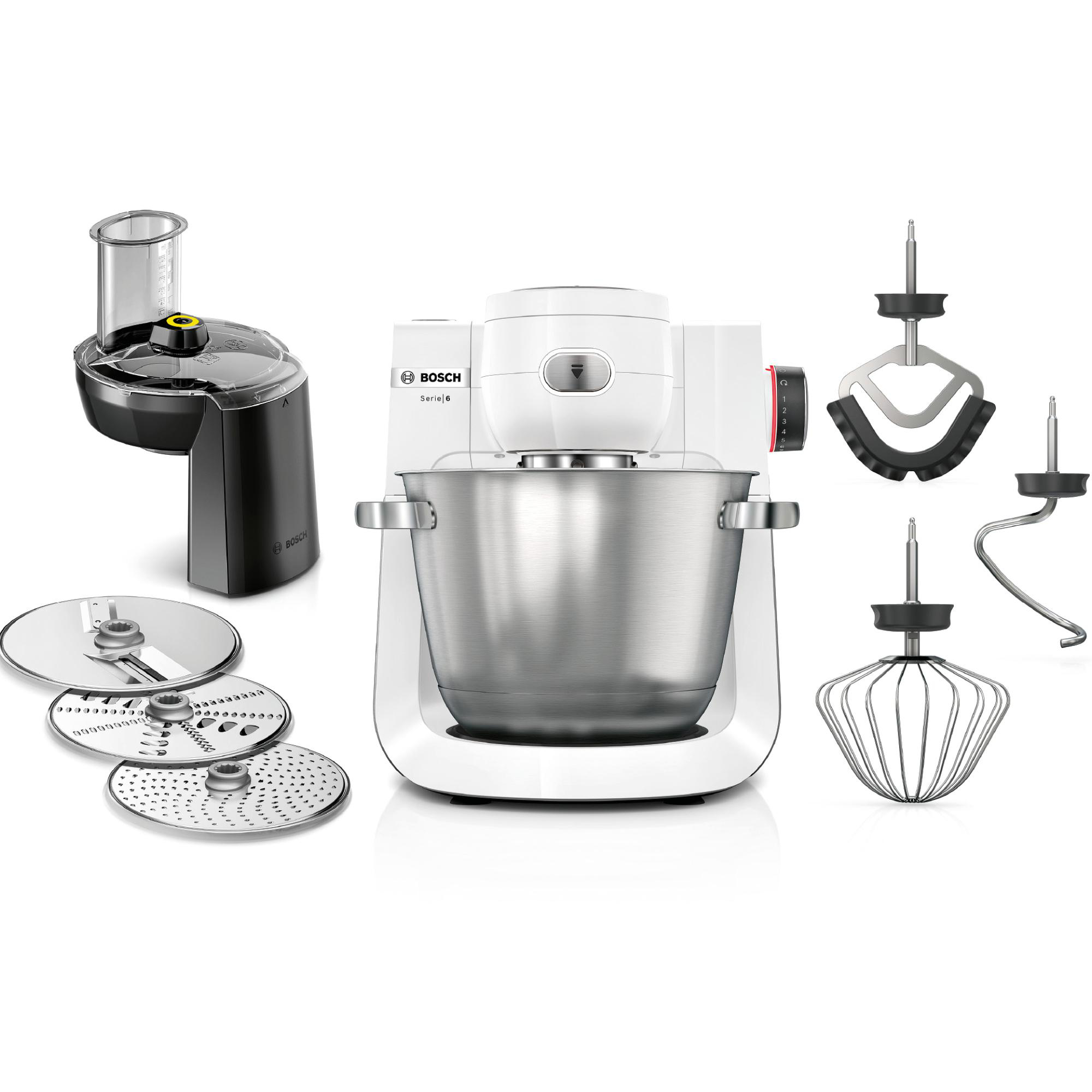 Eine weiße Bosch Küchenmaschine mit Zubehör. Es umfasst einen Foodprozessor, Klingen und verschiedene Aufsätze zum Mischen.