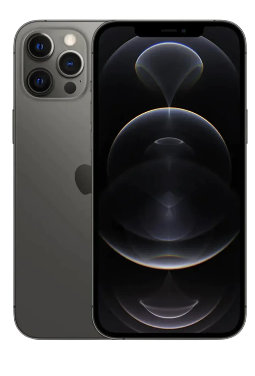 Karanlık gri bir iPhone 12 Pro, üç kameralı arka tarafı ve karanlık, soyut bir duvar kağıdı olan ön tarafı gösteriyor.