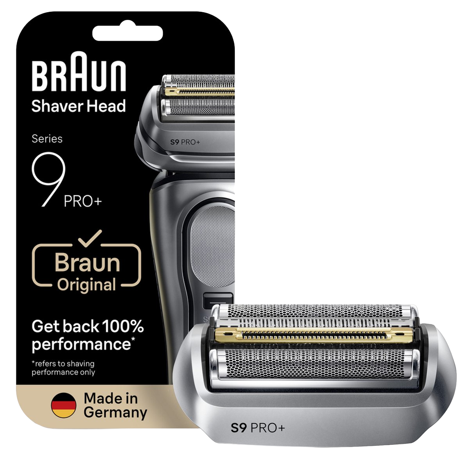 Braun scheerkop verpakking. Zwart en goud design. Toont de scheerkop en een deel van de scheerapparaat. Er staat S9 PRO+.