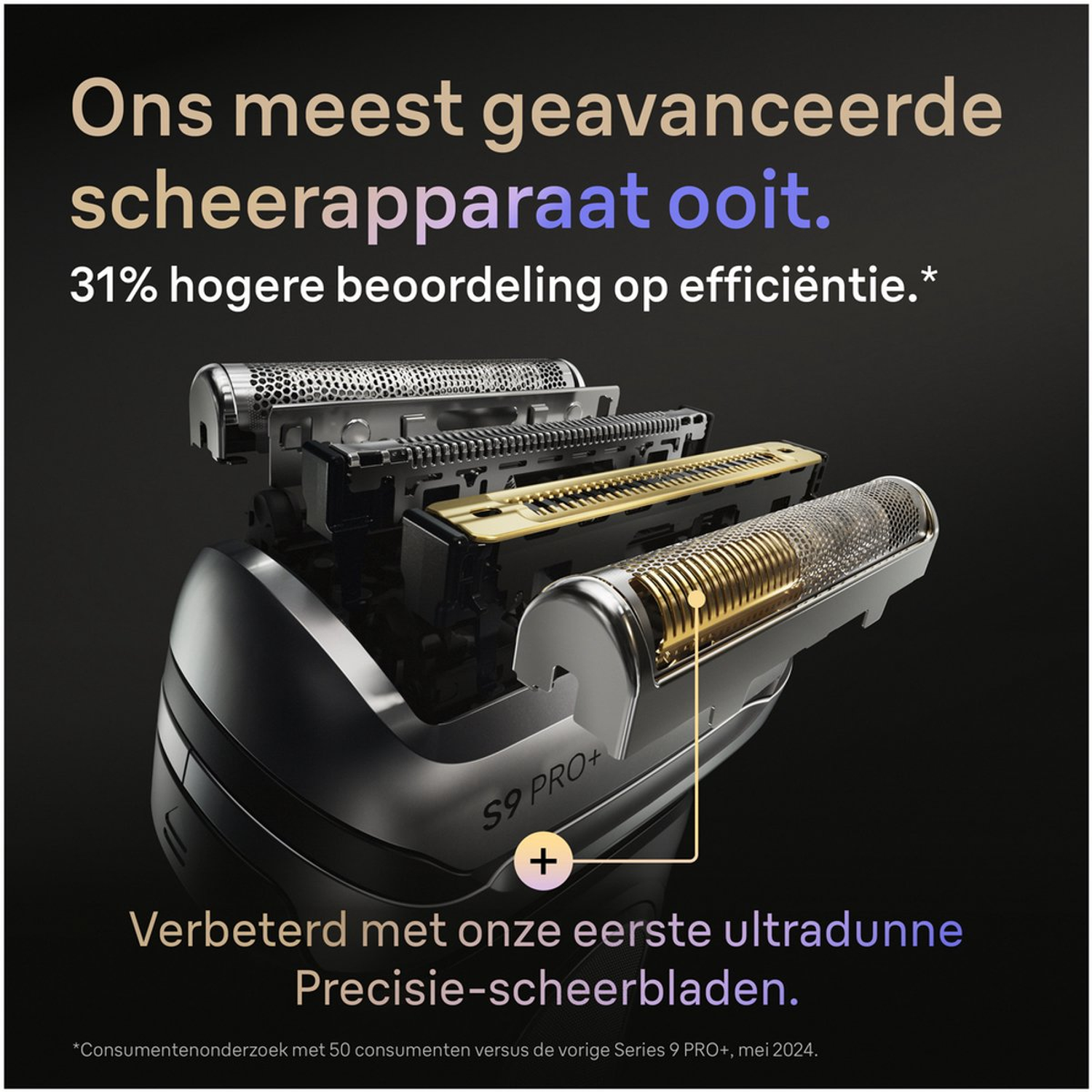 Elektrisch scheerapparaat met open koppen, gouden mesjes en tekst dat het de meest geavanceerde is, met 31% meer efficiëntie.