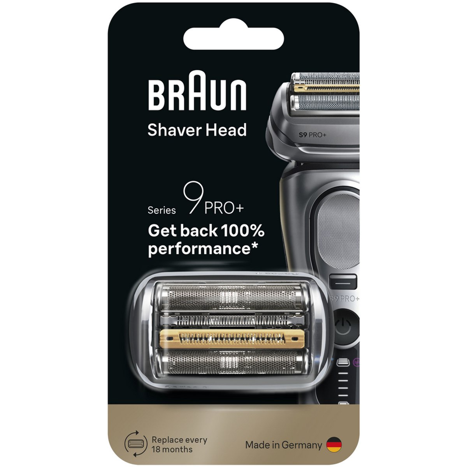 Braun scheerkop verpakking. Het toont de scheerkop en de body, met tekst die aangeeft dat het een Series 9 PRO+ is.