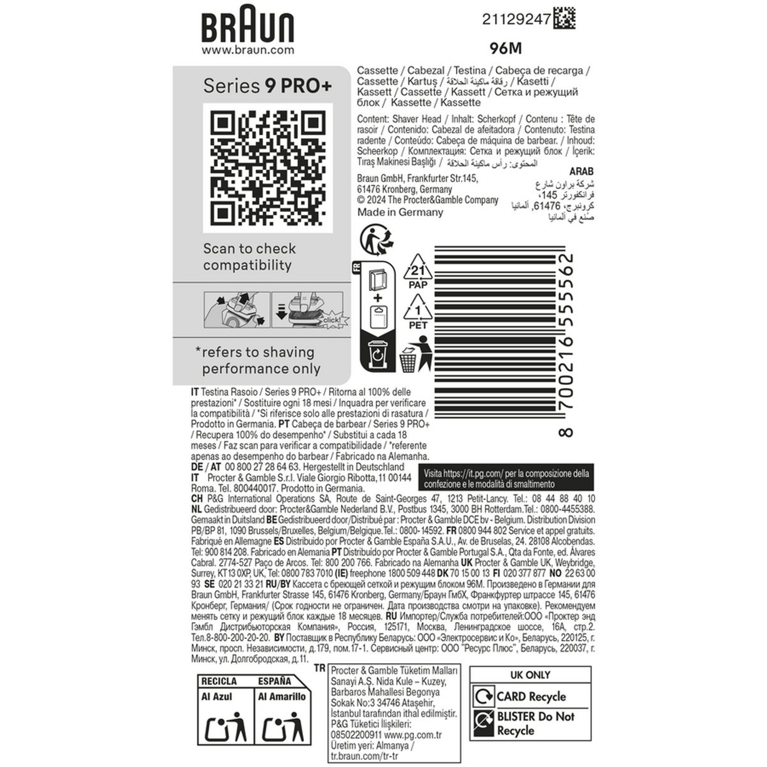 Braun Series 9 PRO+ verpakking met tekst, QR-code en recyclingsymbolen.