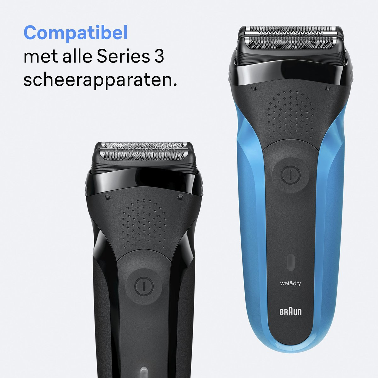 Twee elektrische scheerapparaten, een zwarte en een blauwe, op een witte achtergrond. Tekst toont compatibiliteit met Series 3 scheerapparaten.