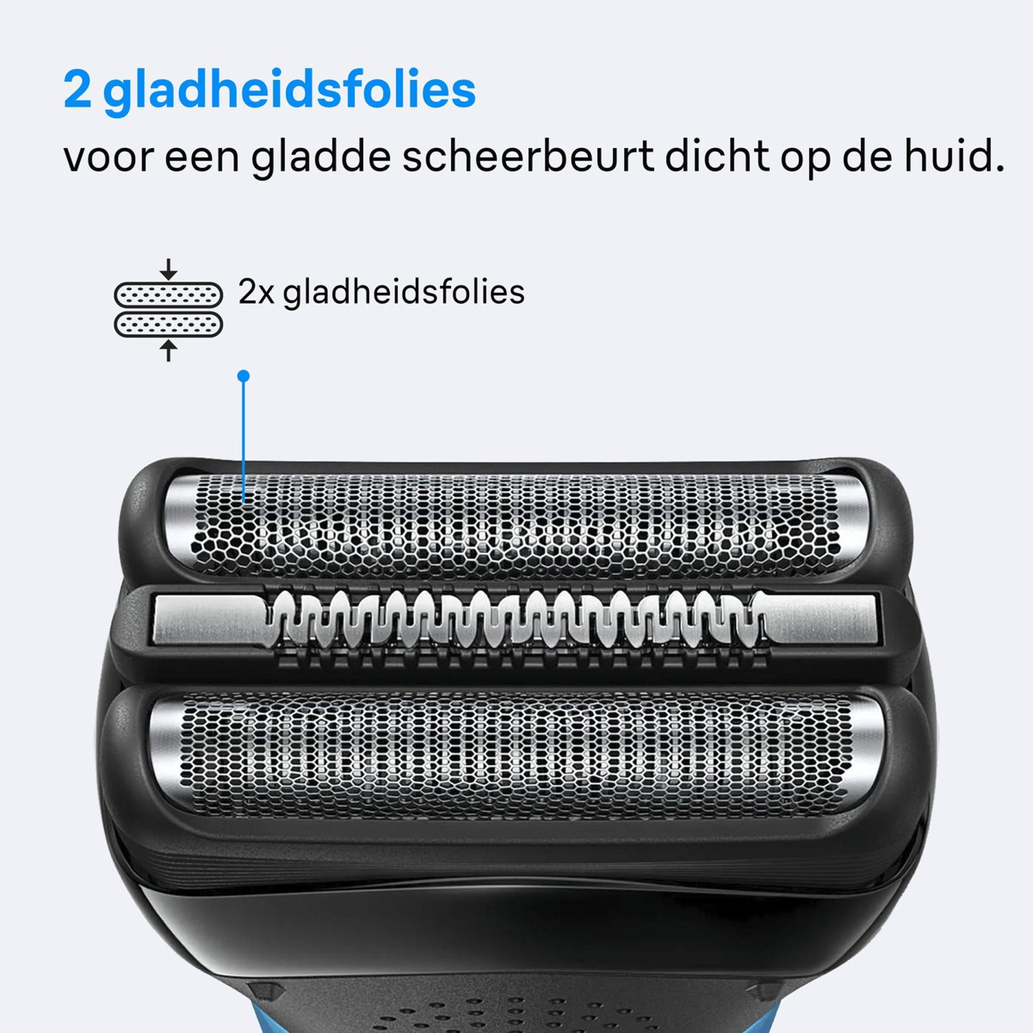 Close-up van een scheerkop met twee foliekoppen en een snijmes. De tekst bovenaan luidt: '2 foliekoppen voor een gladde scheerbeurt.'