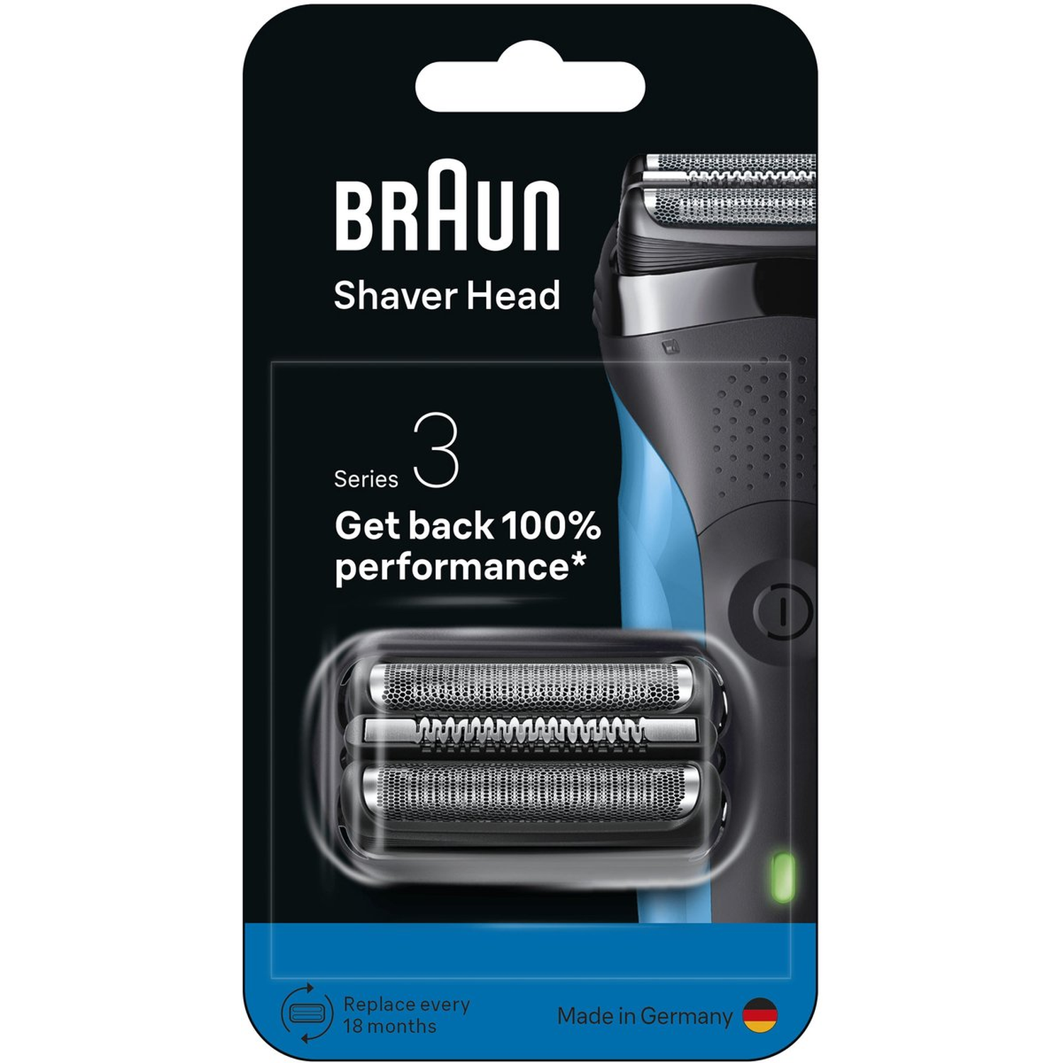 Braun scheerkopverpakking. Zwarte en blauwe verpakking toont scheerapparaat en reservekoppen. Tekst bevat 'Series 3' en 'Made in Germany'.