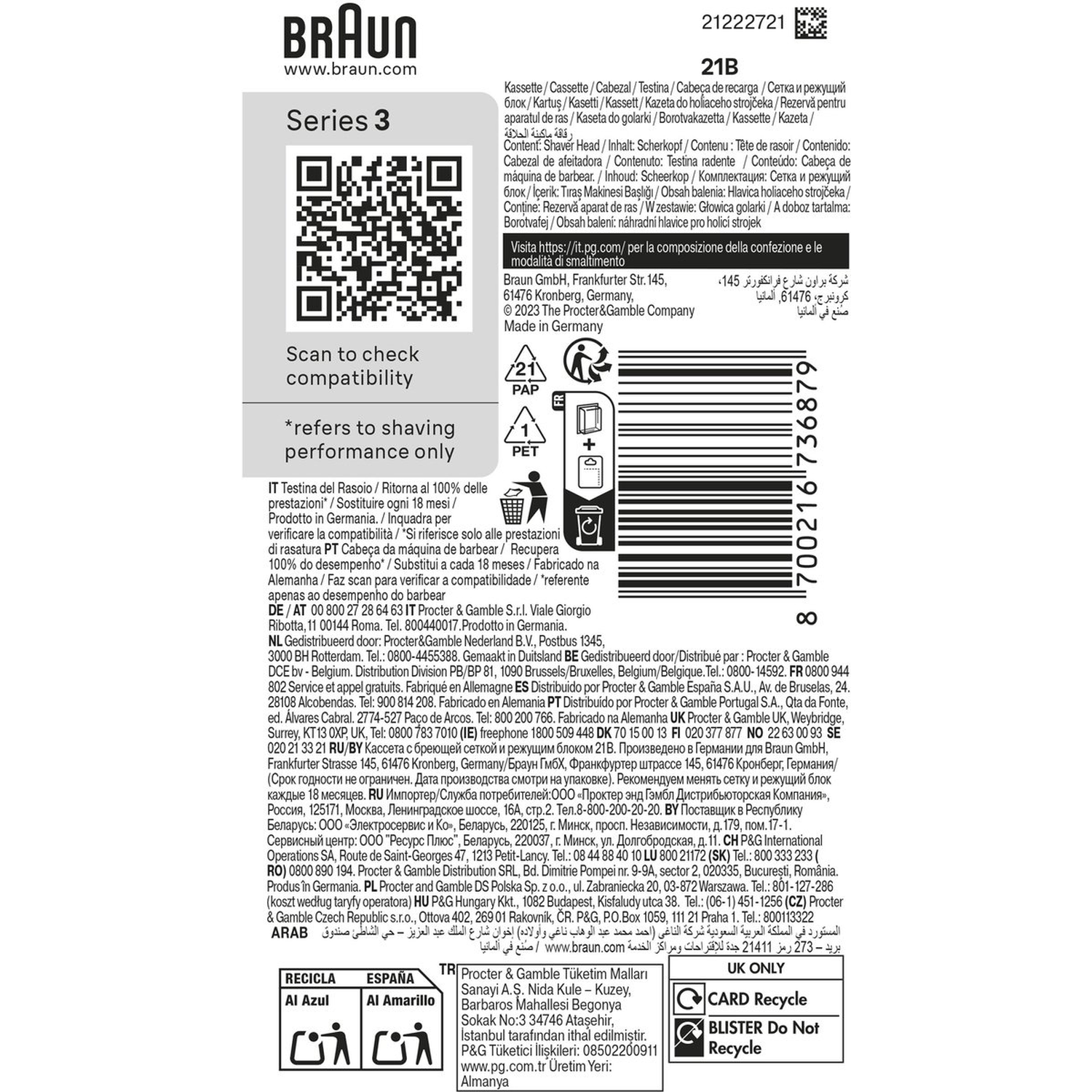 Braun Series 3 doos met tekst en QR-code, recyclingsymbolen en productdetails.