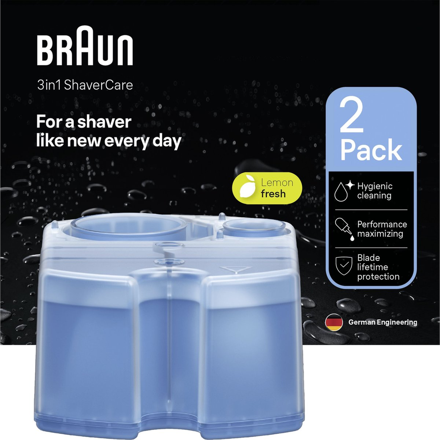 A Braun 3-in-1 ShaverCare pack. The image shows a blue cleaning cartridge, a '2 Pack' label, and text indicating benefits like hygienic cleaning.