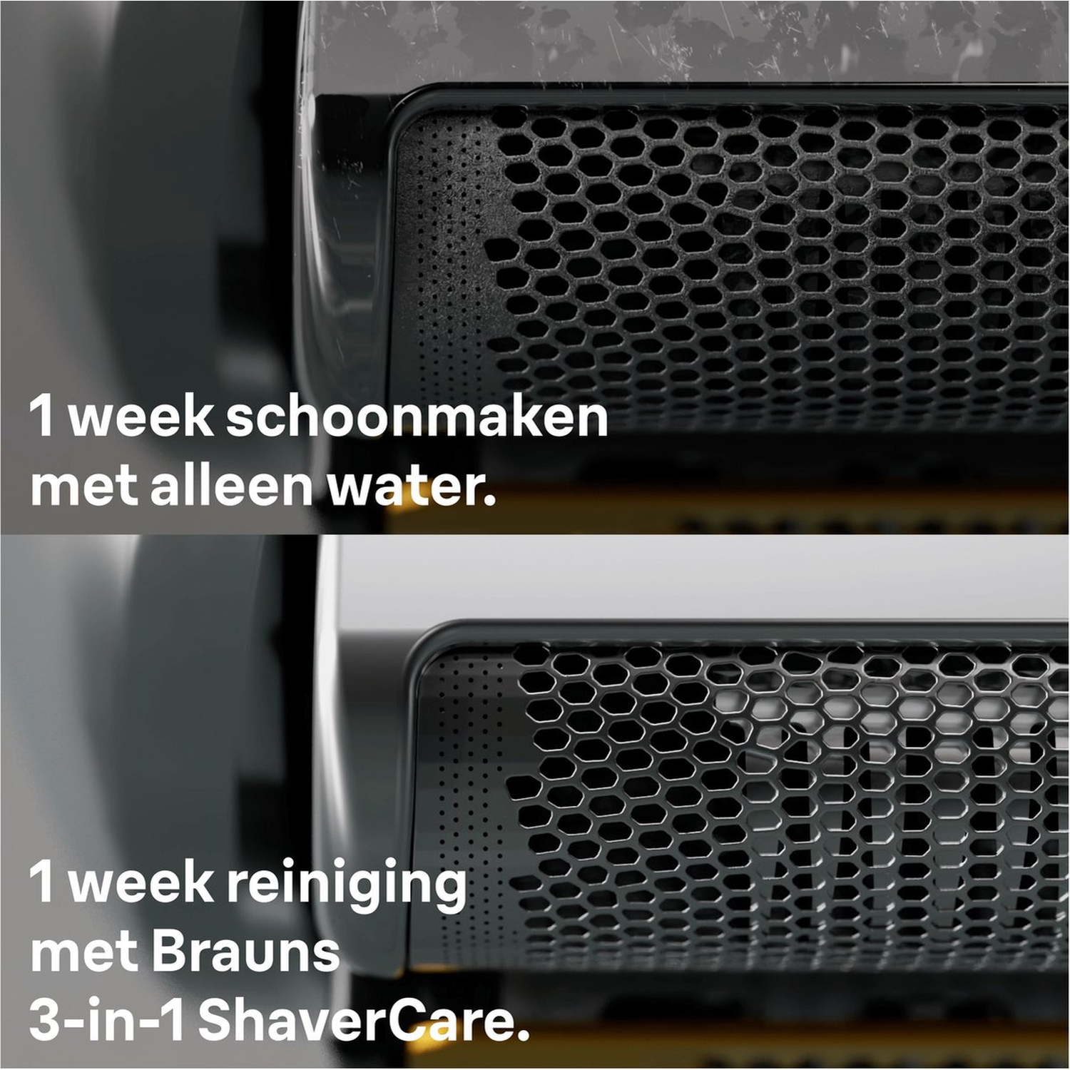 Close-up of a shaver head. Top shows a dirty head, bottom shows a clean one, with text about cleaning methods.