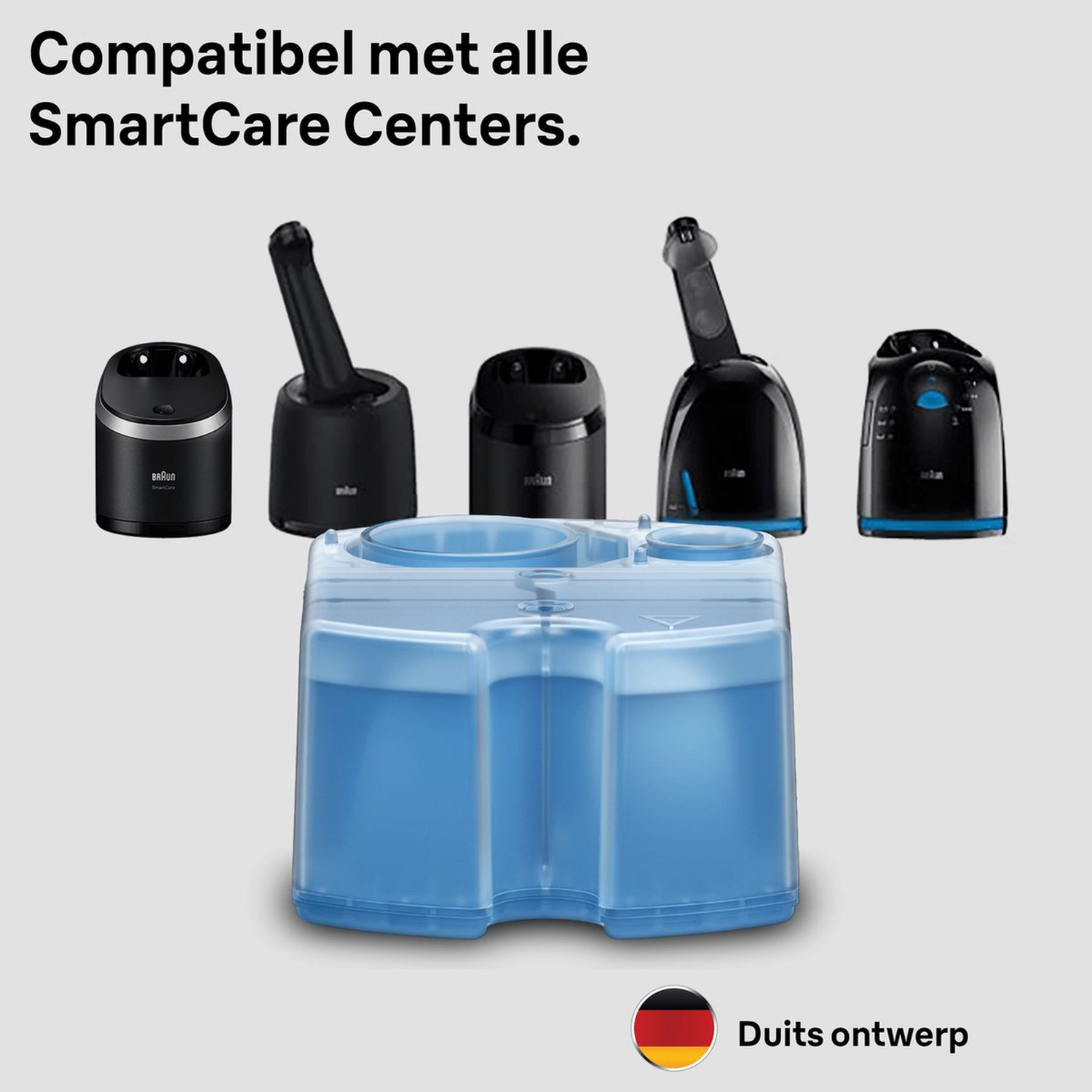 Image features several SmartCare Centers and a blue liquid container. Text says 'Compatible with all SmartCare Centers' and 'Duits ontwerp'.