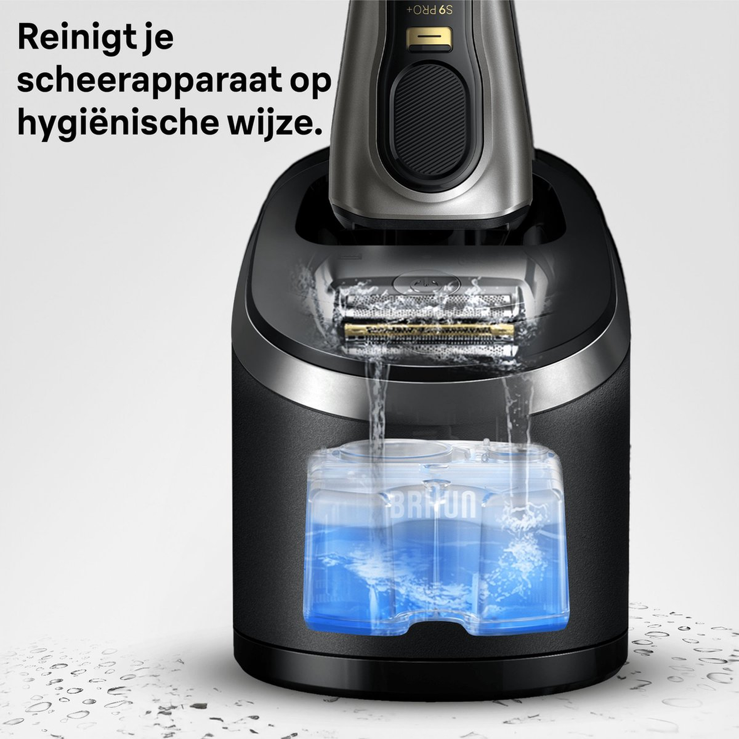 Electric shaver cleaning in progress. Water flows from shaver head into a blue liquid container. The brand Braun is visible.