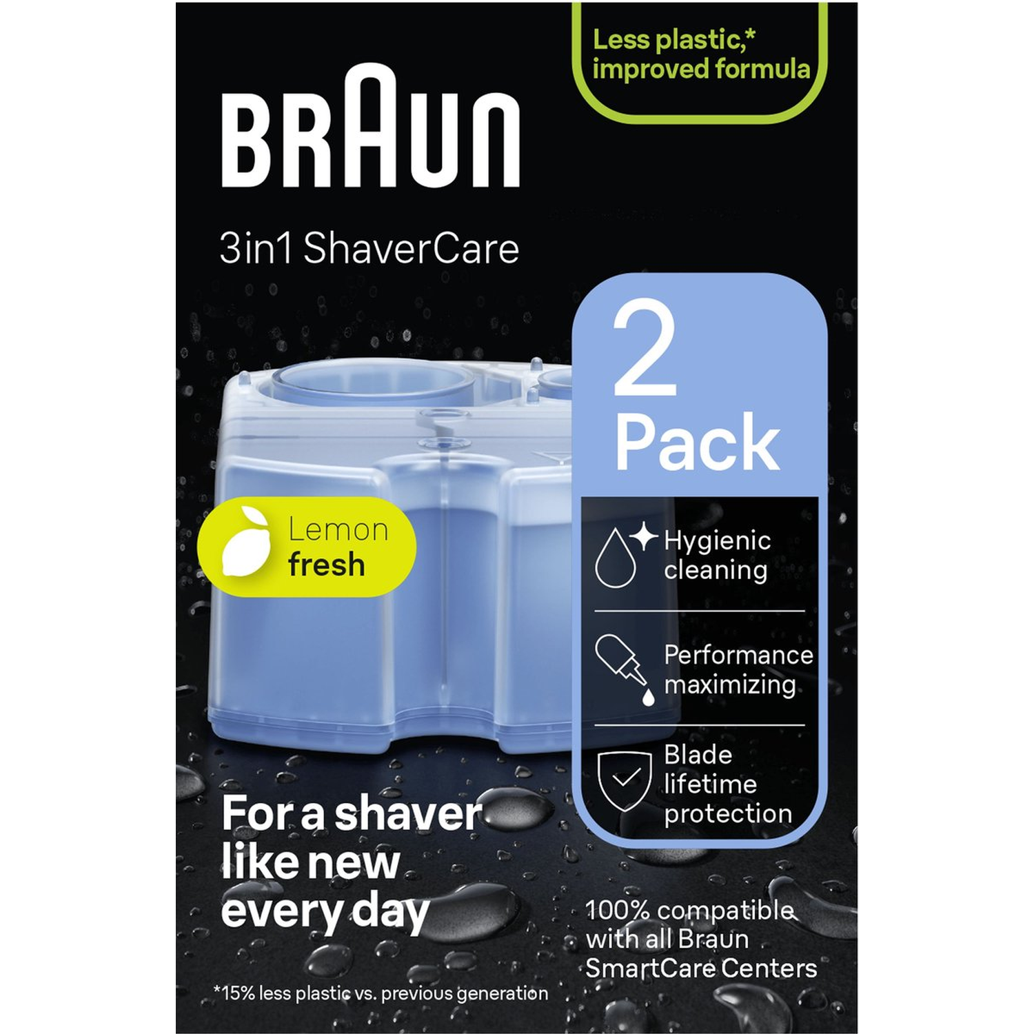 Braun 3in1 ShaverCare pack. Features: lemon fresh, hygienic cleaning, performance maximizing, blade lifetime protection. Black background.