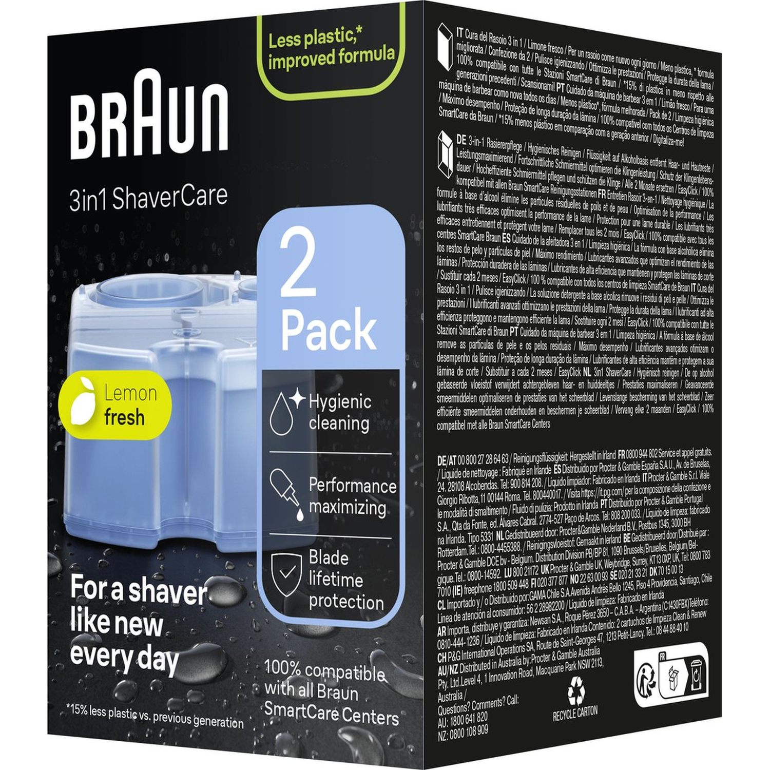 Braun 3-in-1 ShaverCare pack. Contains a lemon-fresh cleaning solution. Text says 'For a shaver like new every day'.