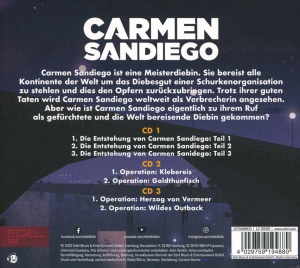 CD-Cover für Carmen Sandiego. Text in Weiß auf dunklem Hintergrund. Listen mit Episoden und Kontaktinfos sind sichtbar.