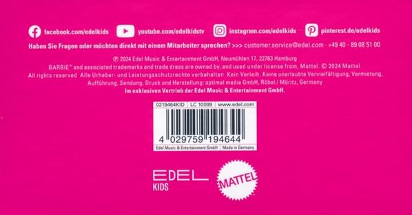 Rosa Hintergrund mit Social-Media-Icons. Text enthält Firmendetails, Barcode und das Mattel-Logo.