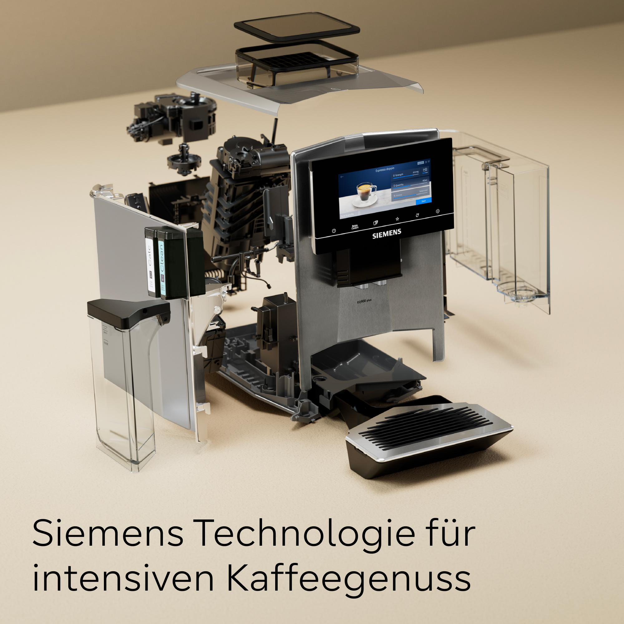 Explosionsansicht einer Siemens Kaffeemaschine, zeigt interne Komponenten und Touchscreen-Display. Text: Siemens Technologie.