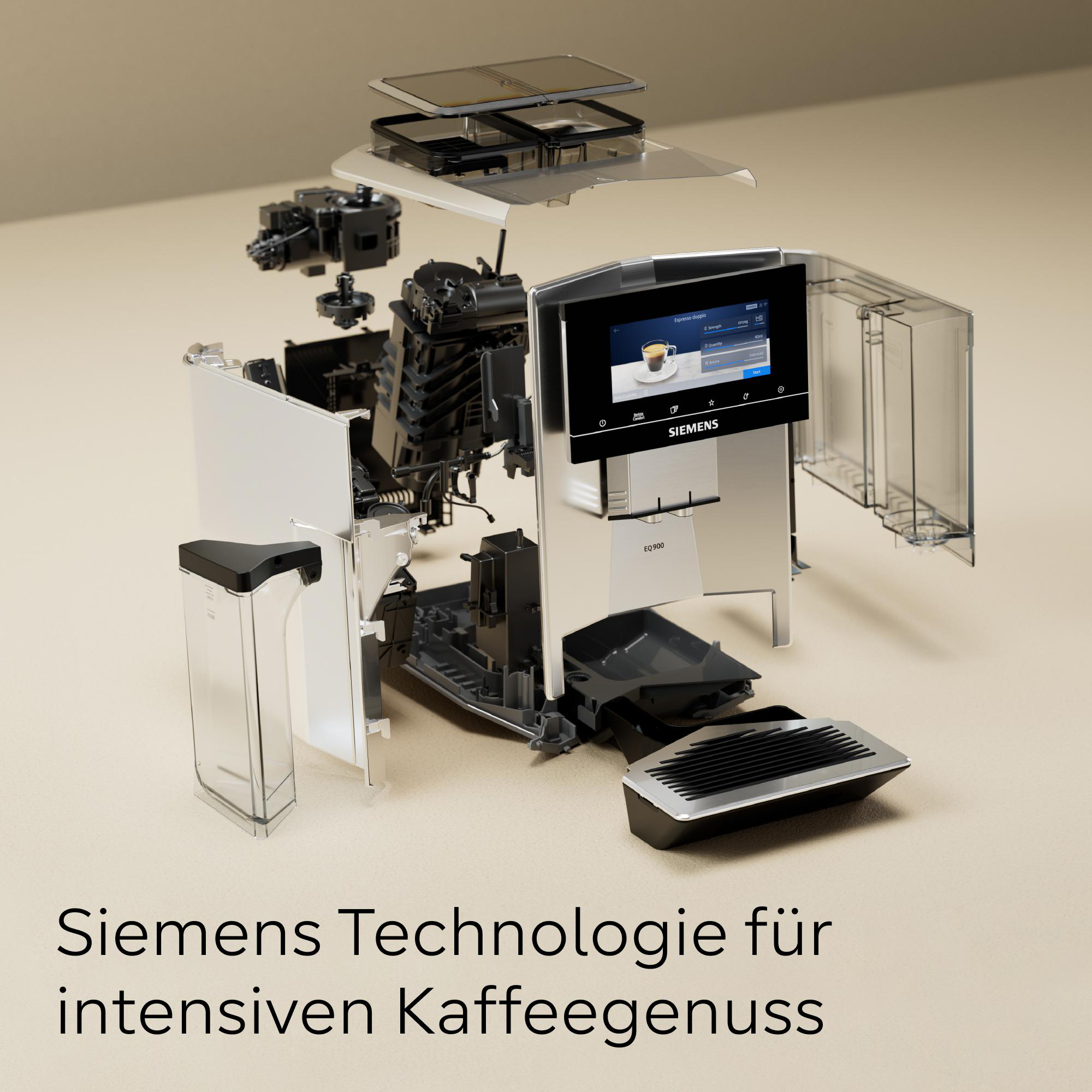 Explosionsansicht einer Siemens Kaffeemaschine, die interne Komponenten, einen Touchscreen und das Logo zeigt.